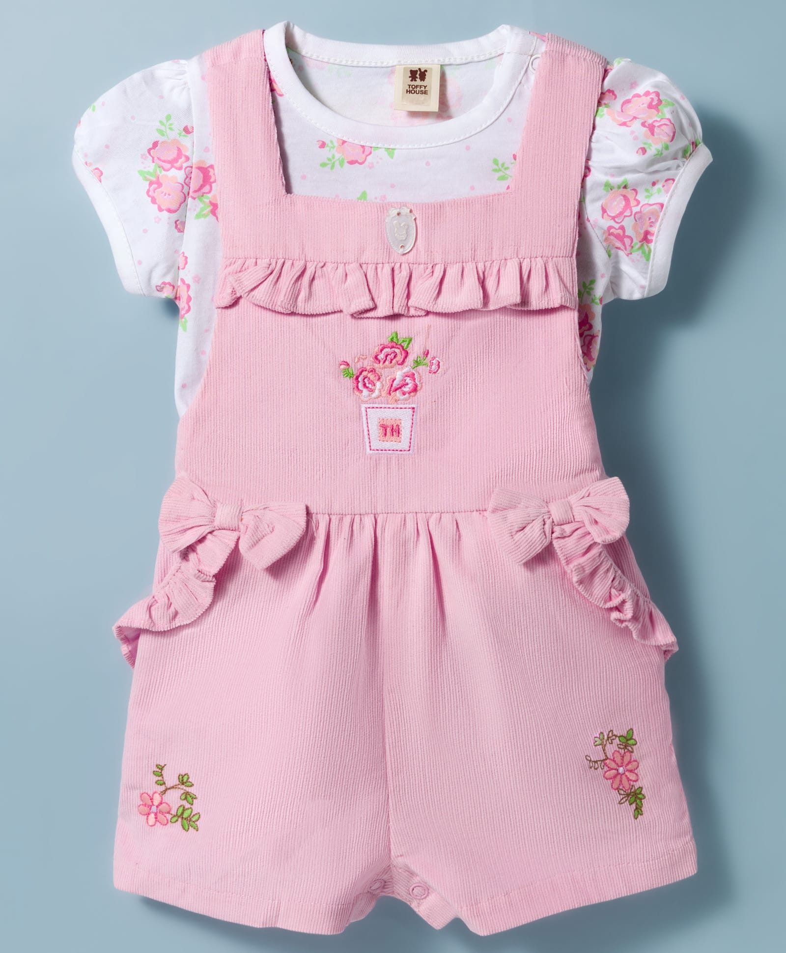 ToffyHouse Cotton Knit Half Sleeves T-Shirt & Dungaree with Floral Embroidery and Print and Frill Detailing - Pink & White-picture-17
