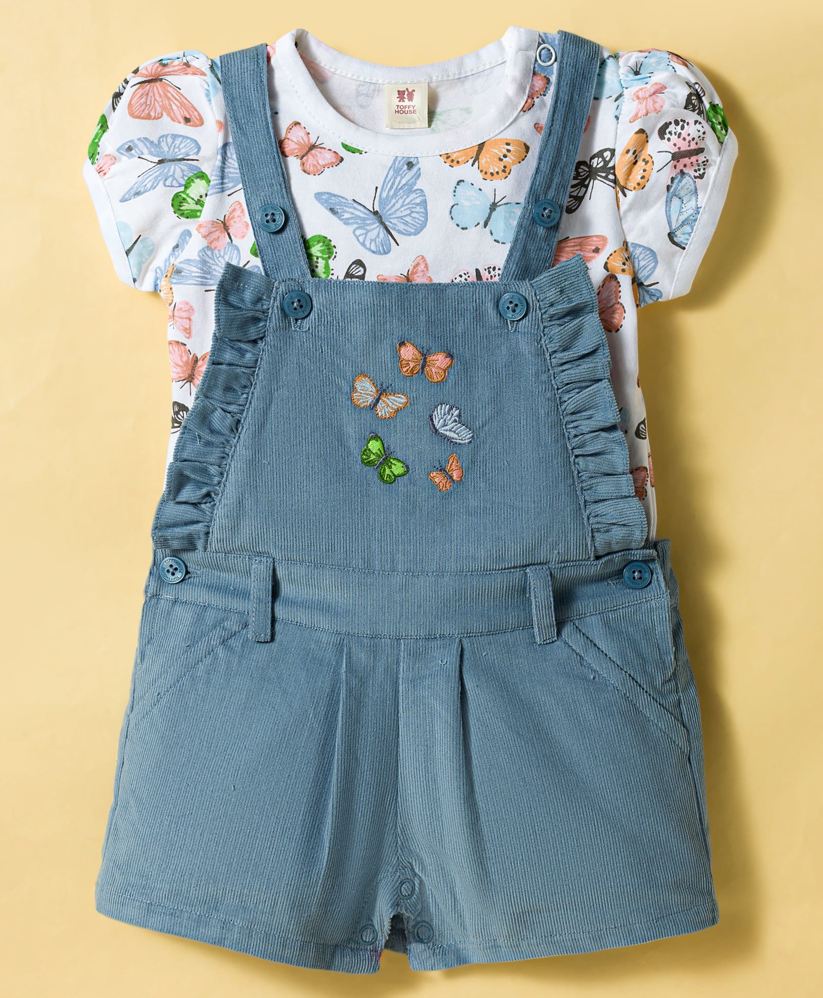 ToffyHouse 100% Cotton Knit Dungaree & Half Sleeves T-Shirt with Butterfly Print - Light Blue & White-image-13
