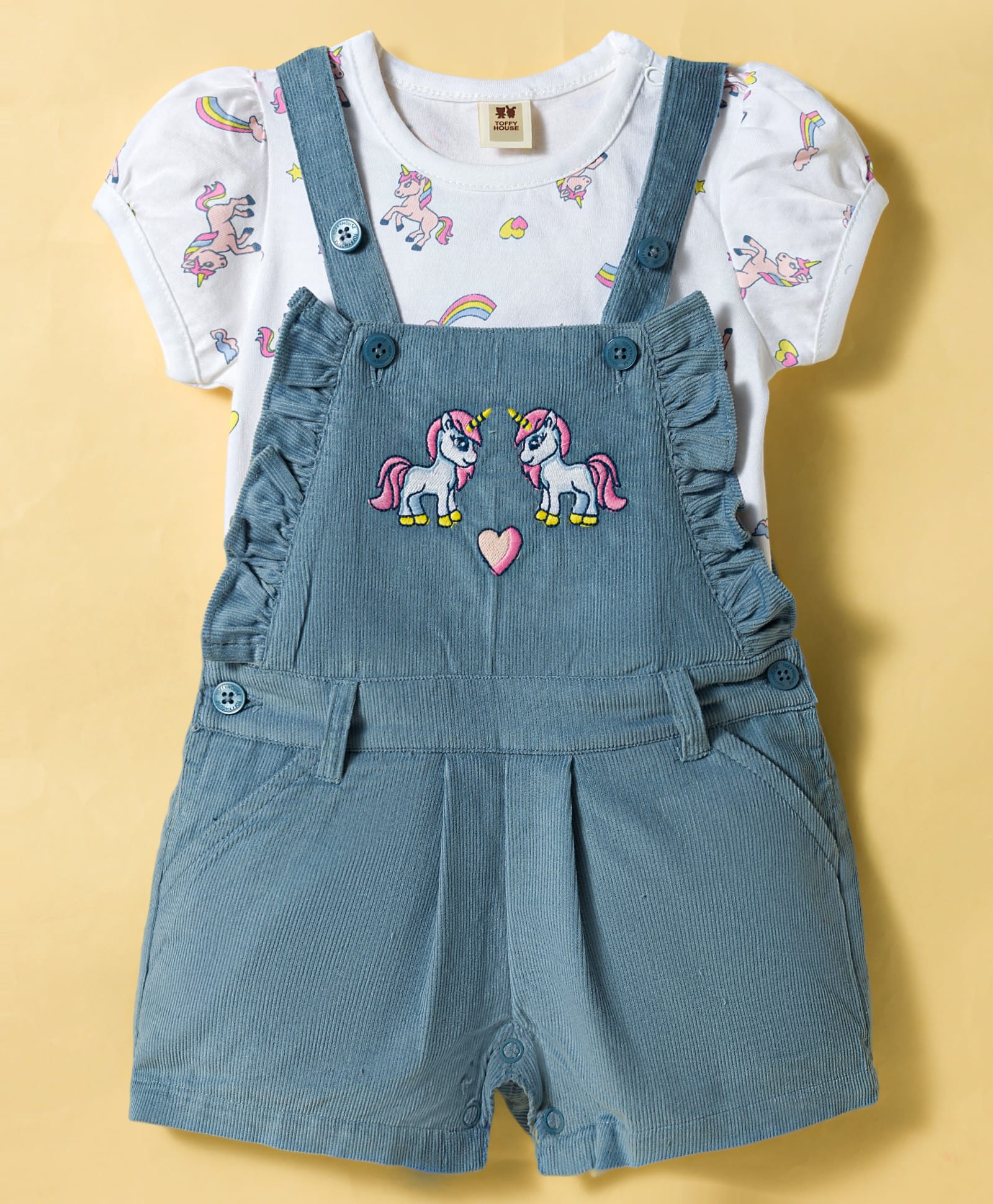 ToffyHouse Cotton Knit Half Sleeves Dungaree & T-Shirt with Unicorn Print & Embroidery - Light Blue & White