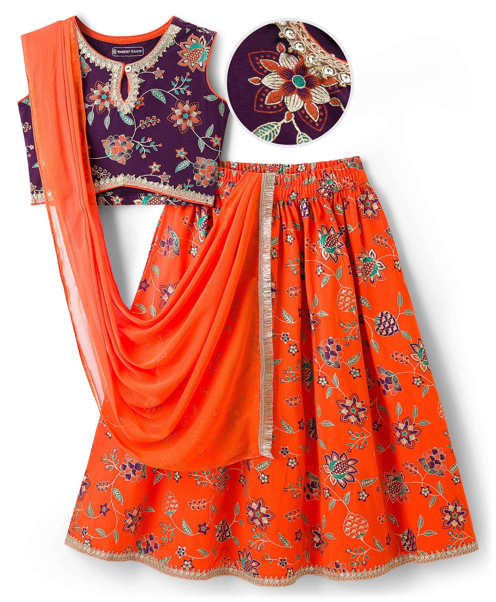 EARTHY TOUCH Single Jersey Knit Sleeveless Choli Lehenga Set with Dupatta Floral Glitter Print - Orange