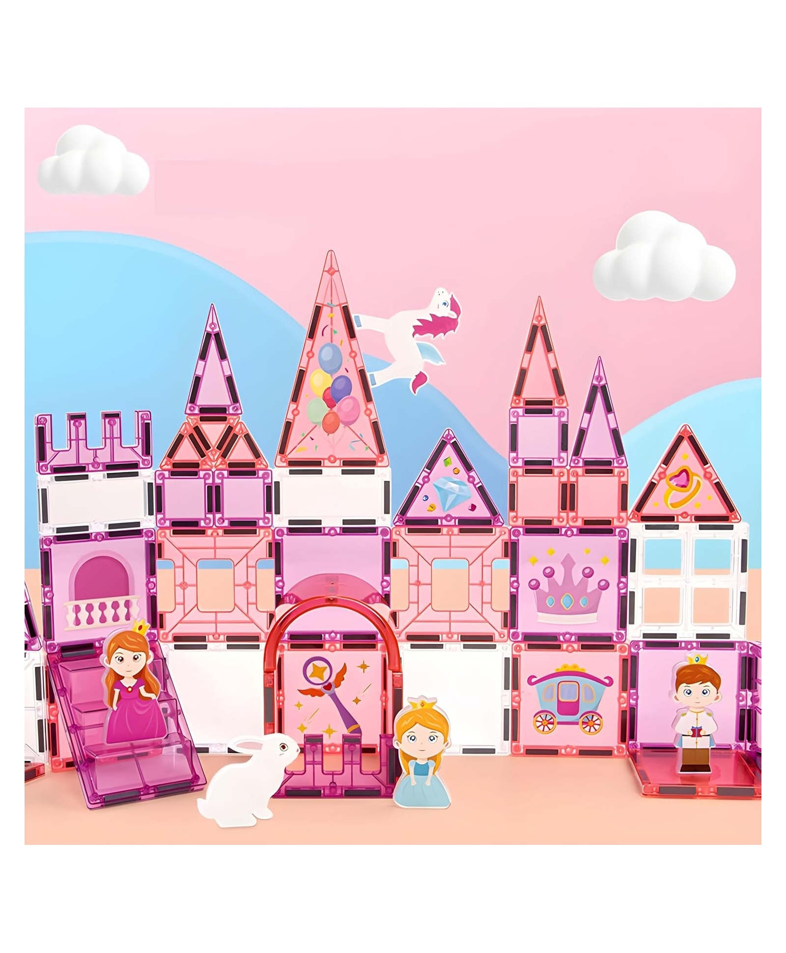 FUNVERSE Magnetic Tiles 50 Pcs Princess Theme Set Magnets Building Blocks with Princess Castle Toys DIY Painting Set and 5 character figures for Kids Ages 4-8 toddlers Birthday Gifts for Kids-image-15