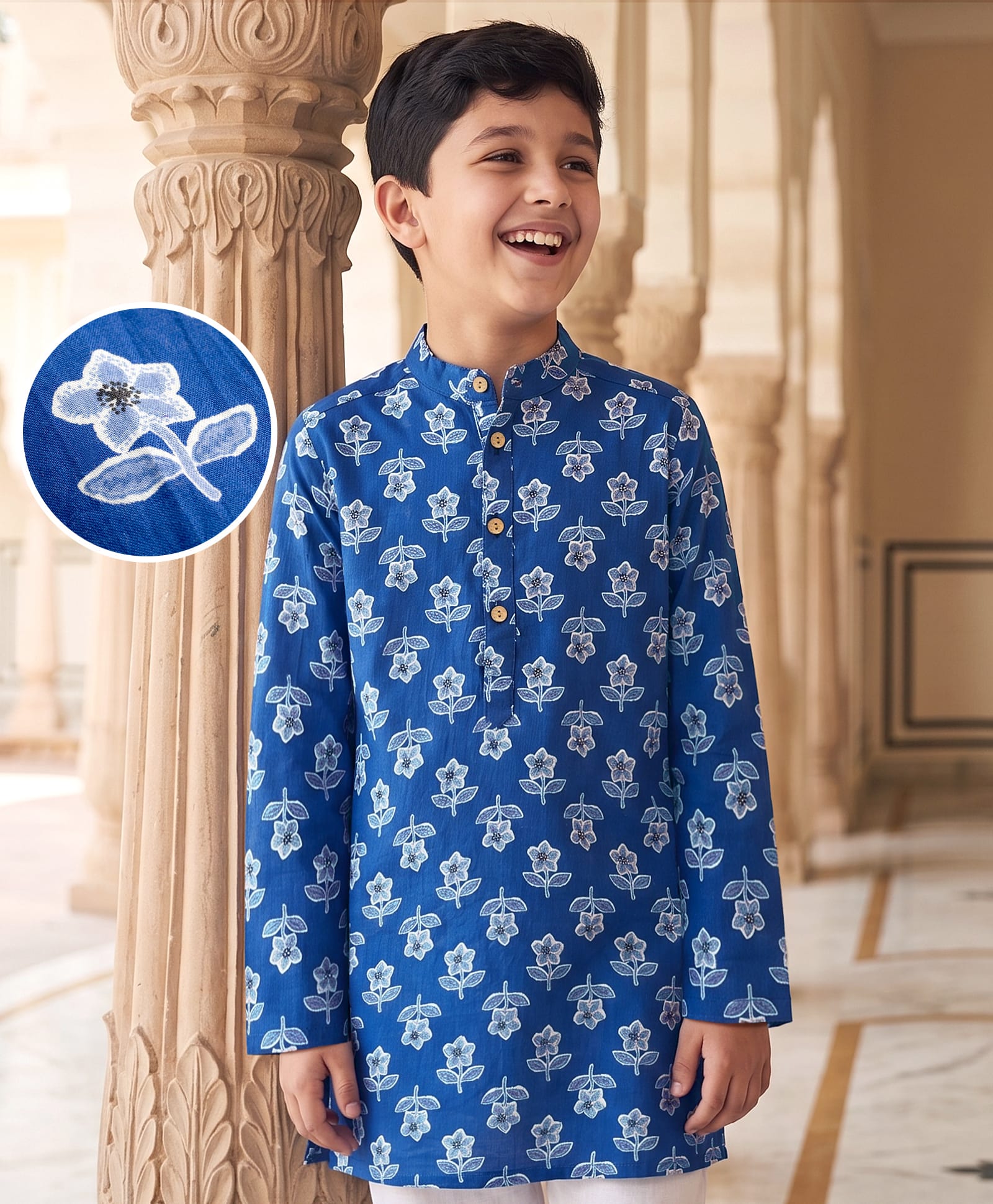 Pine Kids 100% Cotton Woven Full Length Floral Printed Kurta - Navy Blue-picture-17