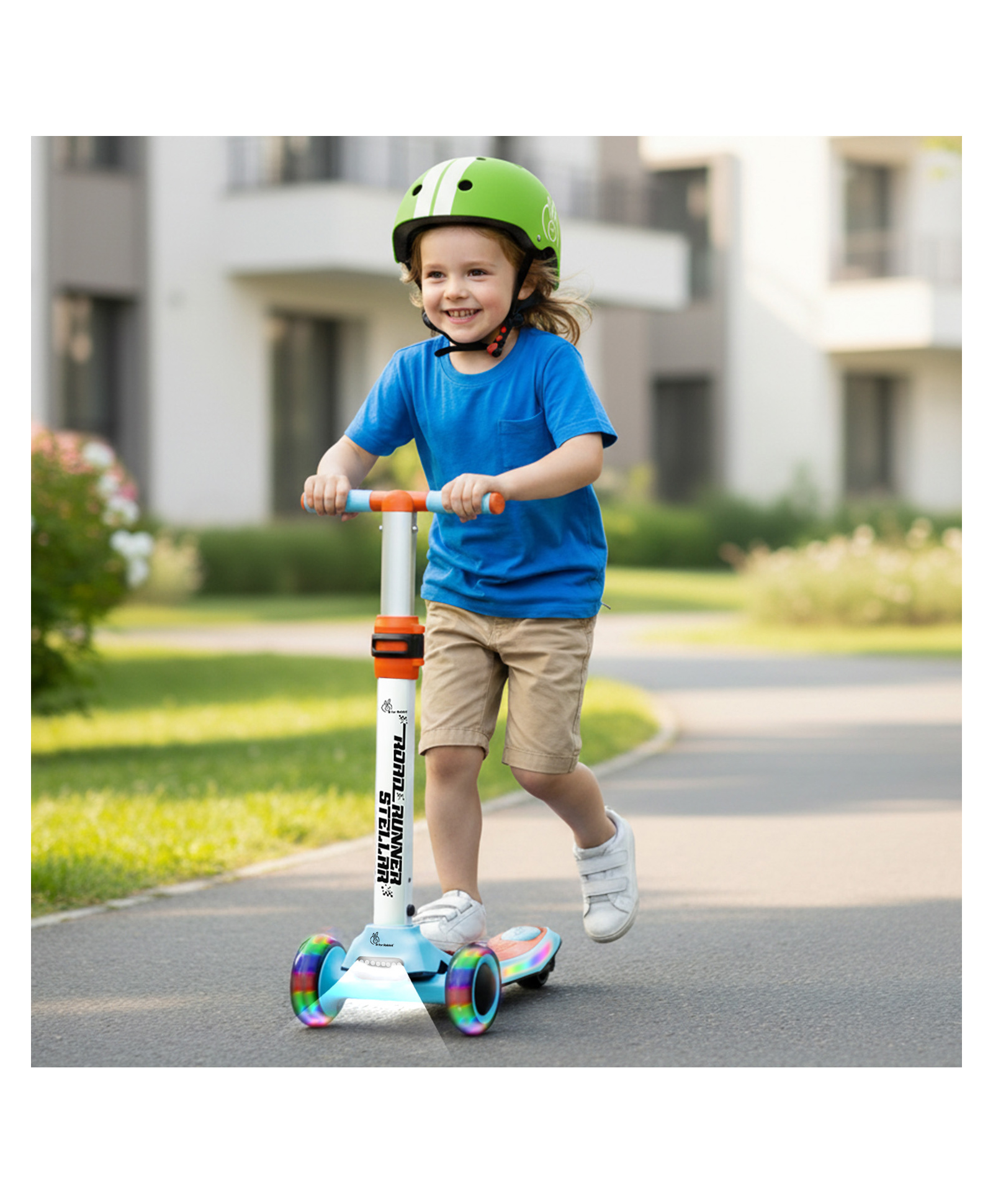 R for Rabbit Road Runner Stellar Kids Scooter with Bluetooth Music & Lights 3 Level Height Adjustable LED PU Wheels Kick Scooter - Blue & Orange-picture-20