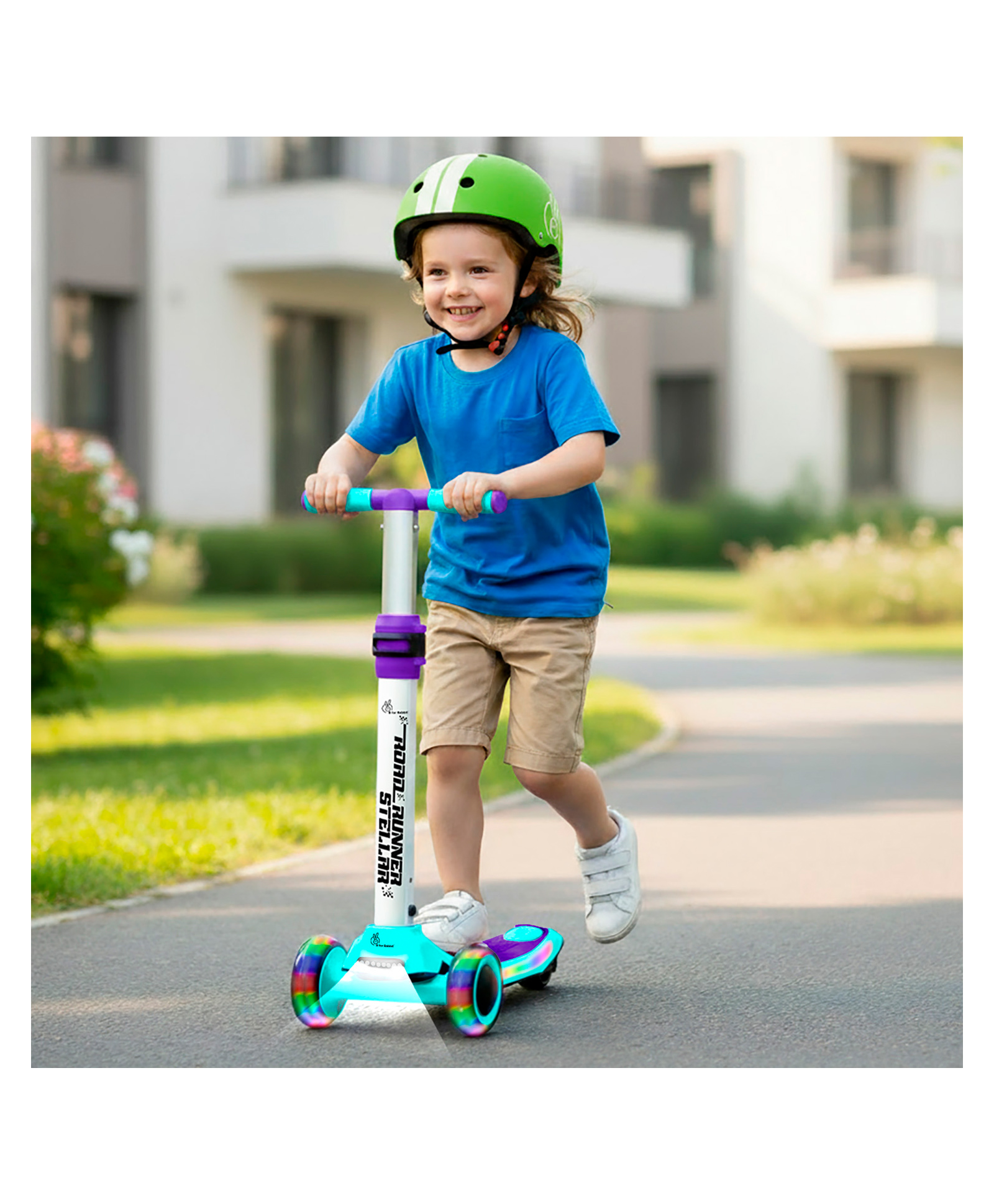 R for Rabbit Road Runner Stellar Kids Scooter with Bluetooth Music & Lights 3 Level Height Adjustable LED PU Wheels Kick Scooter - Green & Purple-picture-22