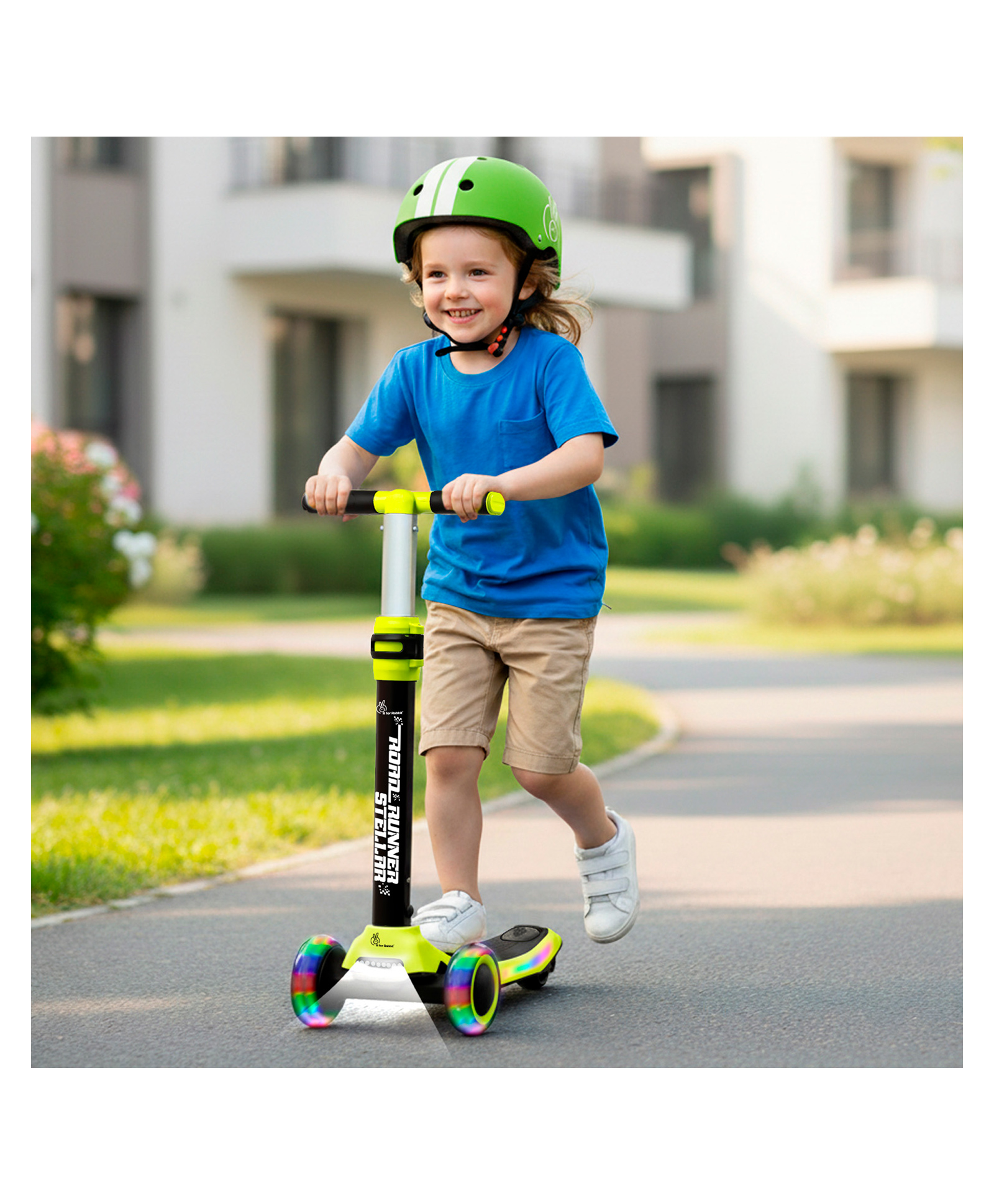 R for Rabbit Road Runner Stellar Kids Scooter with Bluetooth Music & Lights 3 Level Height Adjustable LED PU Wheels Kick Scooter - Back & Neon Green