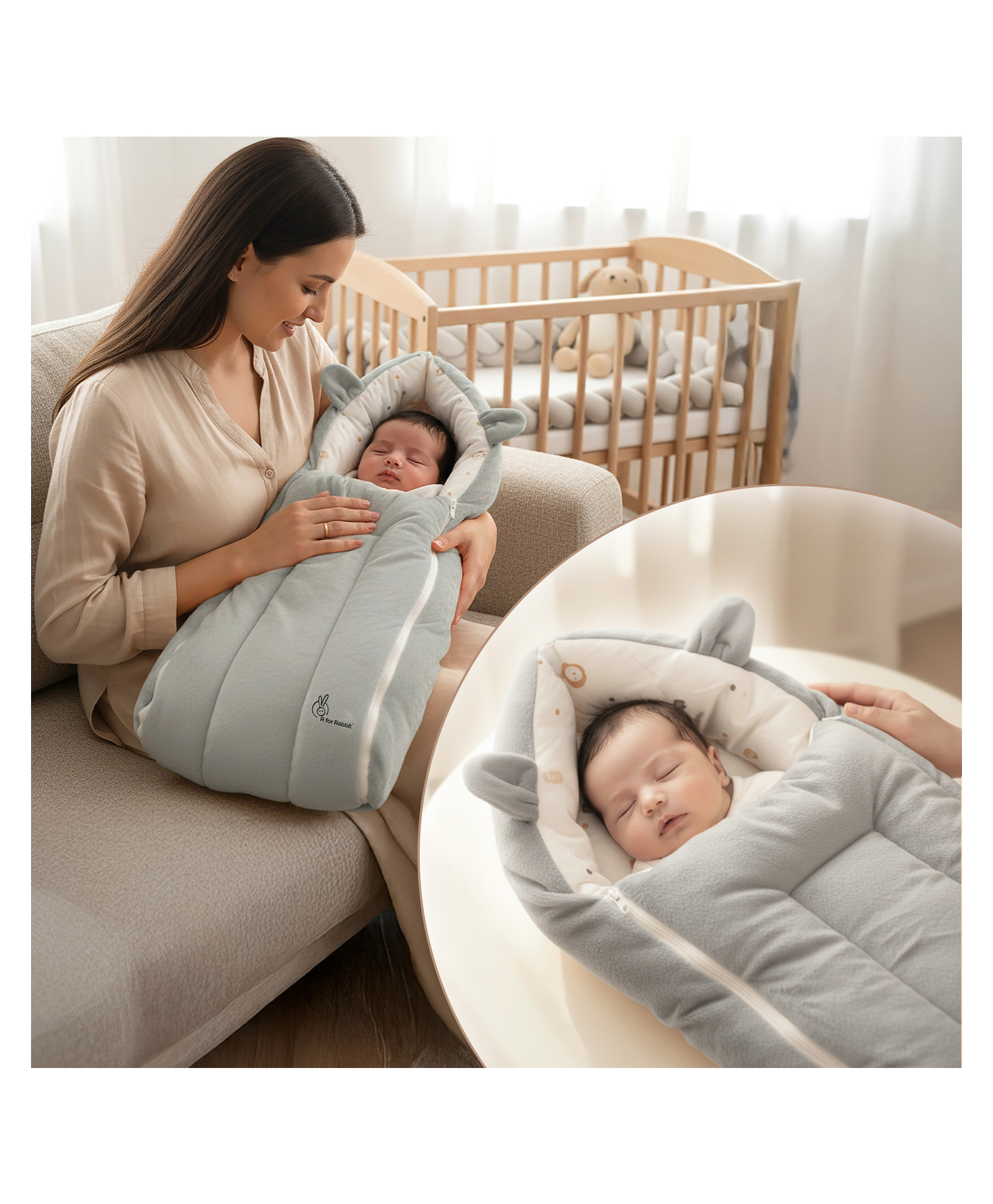 R for Rabbit Snuggy Cucoon Baby Sleeping Bag Bedding Set Ultra-Soft Fleece Outer Layer with 100% Cotton Inner Fabric Dual Zipper Multipurpose Travel Friendly - Grey-picture-16
