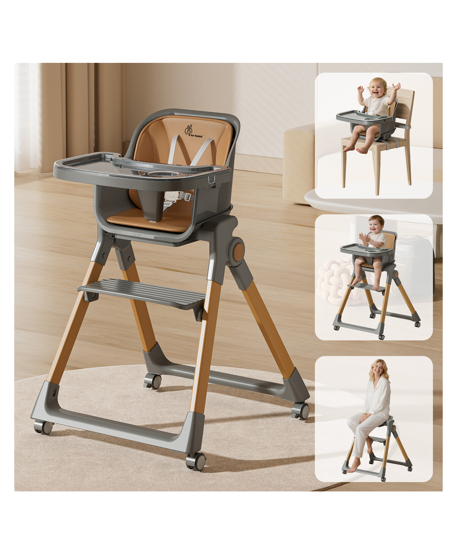 R for Rabbit Walnut High Chair for Baby 3-in-1 Convertible Design Dual-Layer Meal Tray Smooth Wheels with Brakes Foldable and Compact Travel Friendly 6 Months to 3 Years Kids (Dark Grey)-image-35