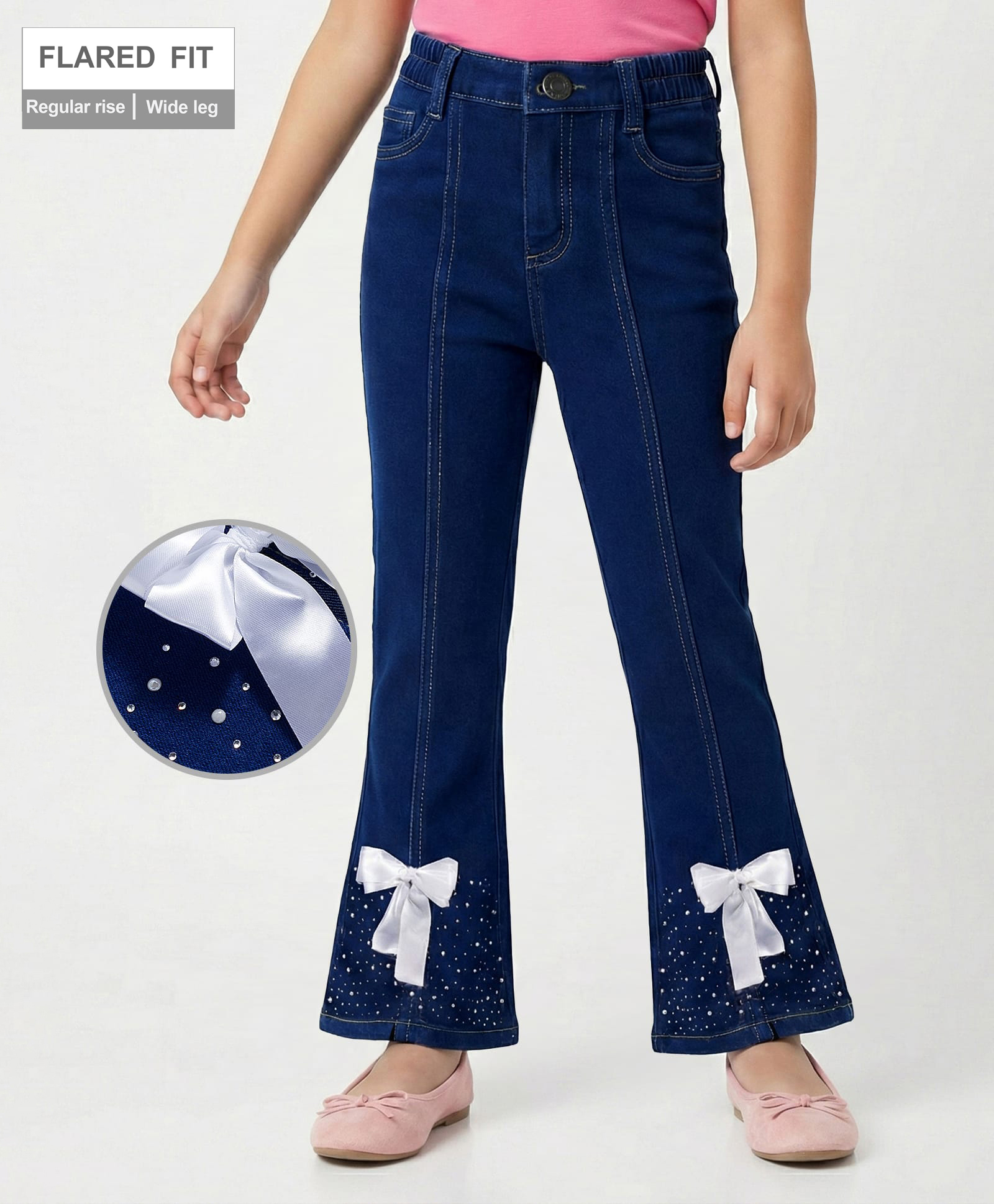 Arias Cotton Woven Full Length Flared Washed Jeans With Bow & Rhinestones Detailing - Blue-image-12