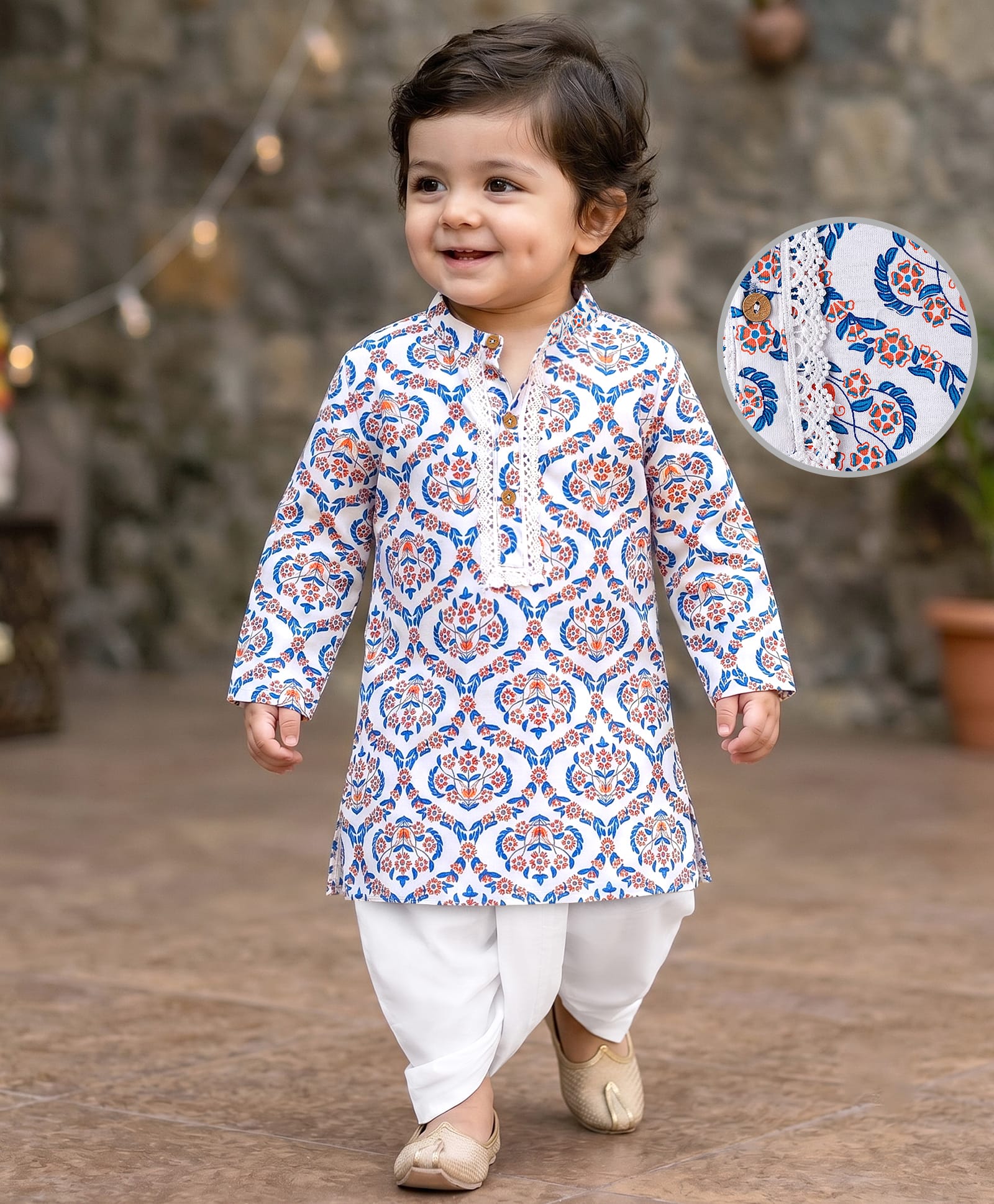 EARTHY TOUCH Single Jersey Knit Full Sleeves Kurta Dhoti Set With Floral Print - White-picture-10