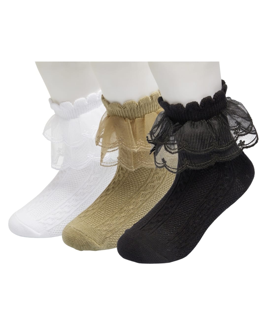 Neska Moda Cotton Elastane Pack Of 3 Frill Detailed Socks - White Black & Green-picture-37