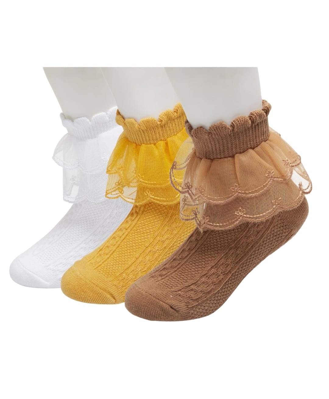Neska Moda Cotton Elastane Pack Of 3 Frill Detailed Socks - White Brown & Yellow-picture-25
