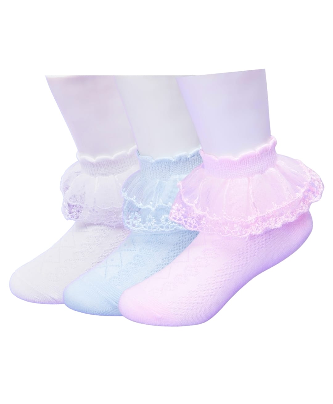 Neska Moda Cotton Elastane Pack Of 3 Frill Detailed Socks - White Pink & Blue-picture-43