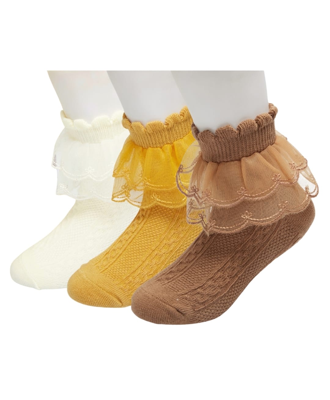 Neska Moda Cotton Elastane Pair Of 3 Solid Lace Detailed Socks - White Brown & Yellow-picture-34