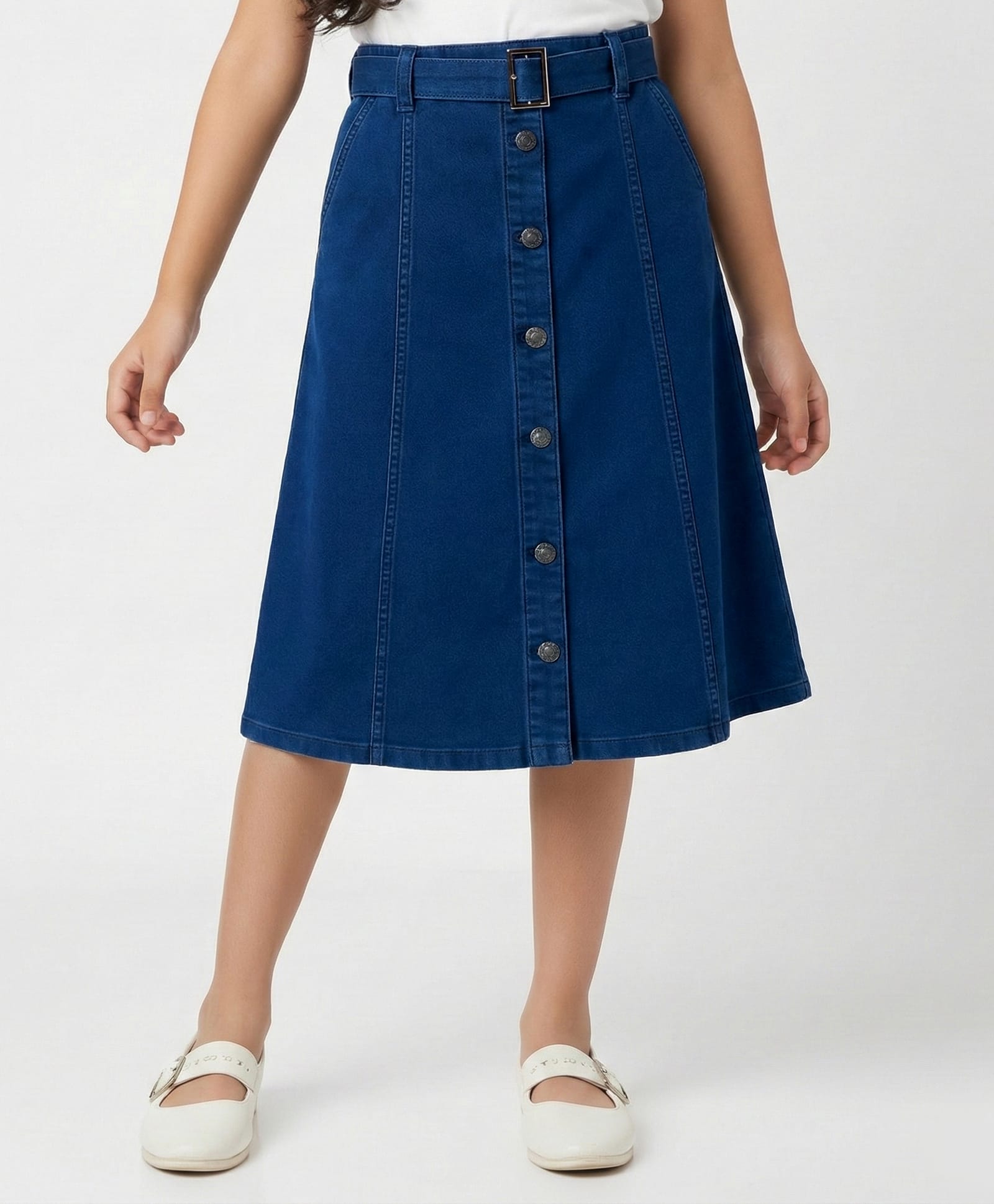 arias by lara dutta Arias Cotton Woven Mid Calf Washed Skirt With Stretch & Belt - Blue-picture-17