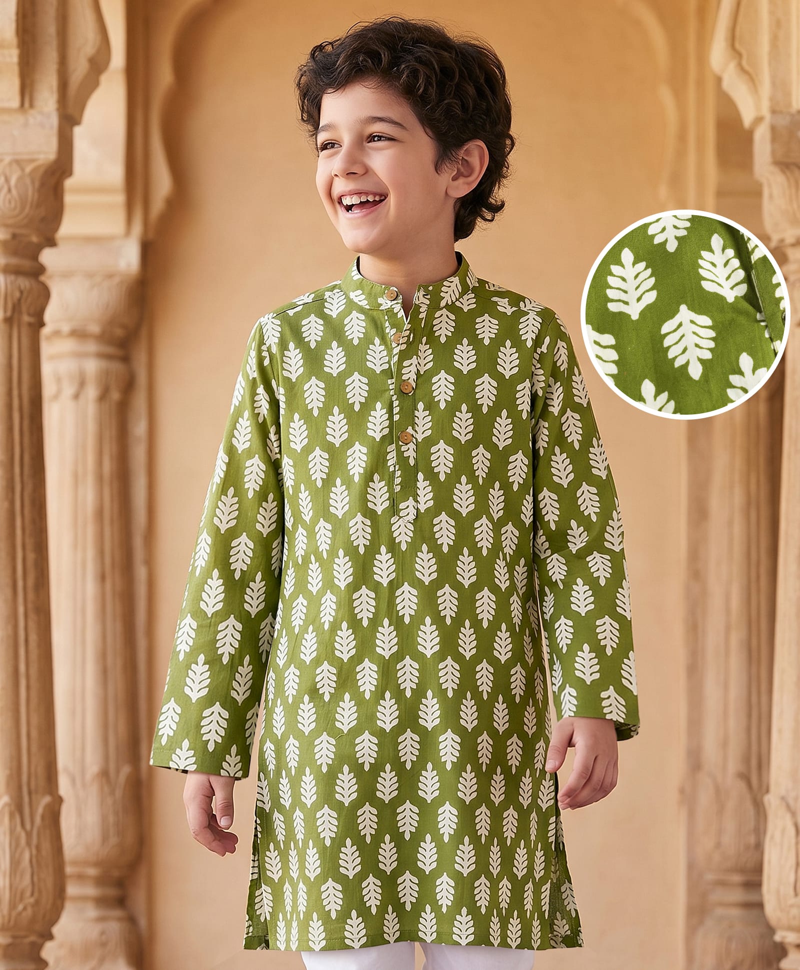 Pine Kids 100% Cotton Woven Full Length Leaves Printed Kurta - Green-picture-18