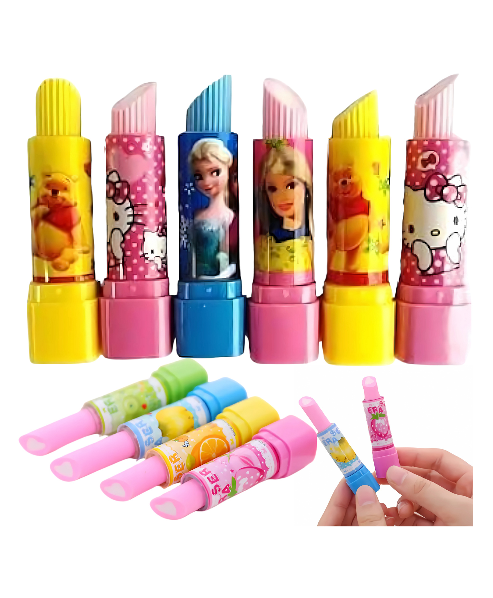 IncyWincy Lipstick Shape Erasers for Girls (Pack of 12) Cartoon Printed Fancy Non-Toxic Dust-Free School Stationery & Birthday Return Gifts (10cm)-image-3
