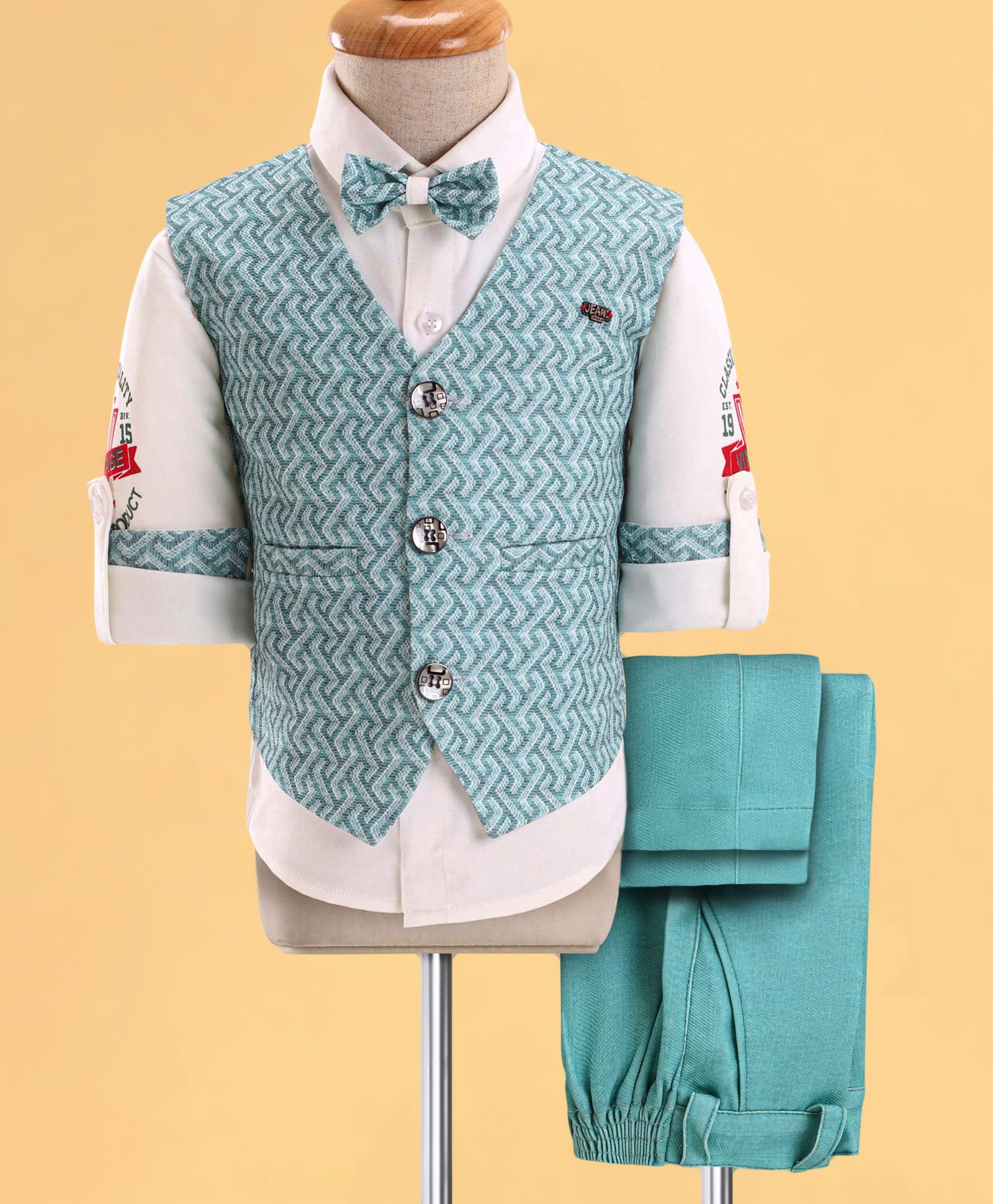 Rikidoos Full Sleeves Geometric Printed 3 Piece Suit Set With Bow - White & Sea Green-image-40