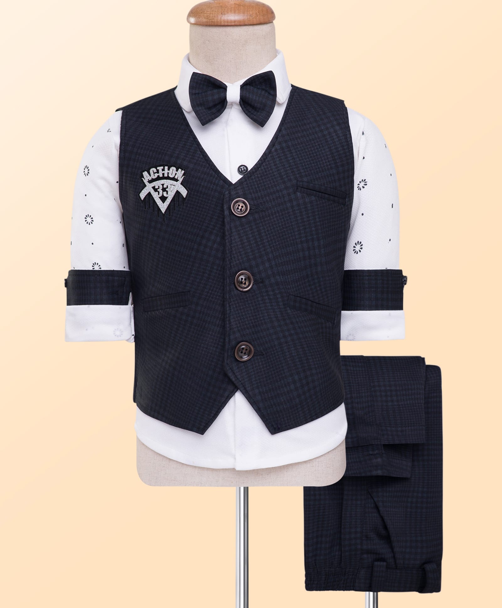Rikidoos Full Sleeves Checked Action Text Patch Detailed 3 Piece Party Suit Set With Bow - Black & White-picture-22
