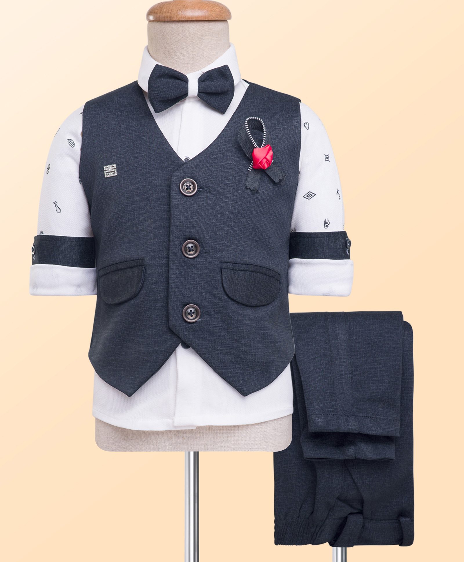 Rikidoos Full Sleeves Food Printed & Floral Applique Detailed 3 Piece Party Suit Set With Bow - Grey & White-picture-23