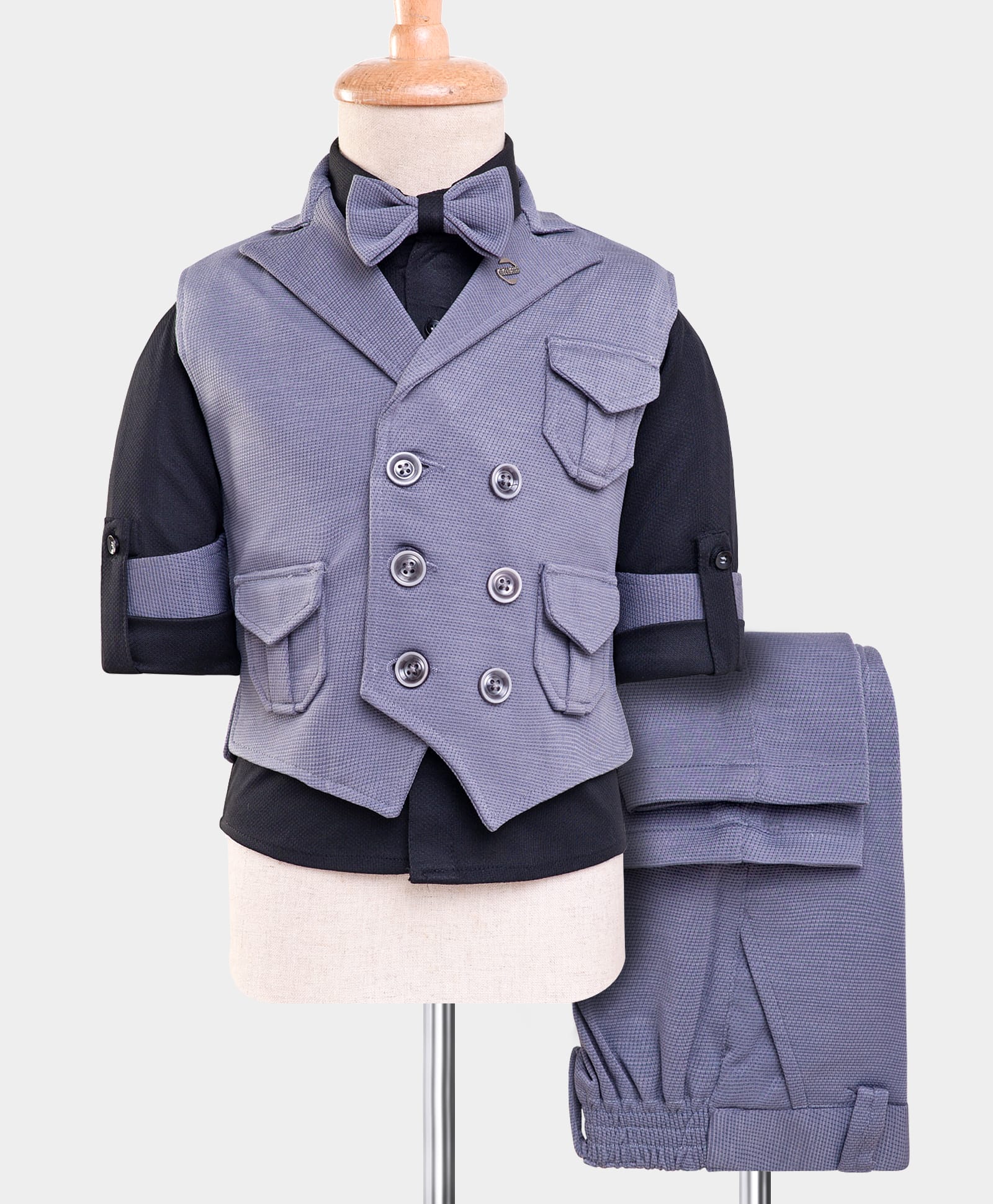 Rikidoos Full Sleeves Metal Applique Detailed 3 Piece Suit Set With Bow - Black & Grey-image-34