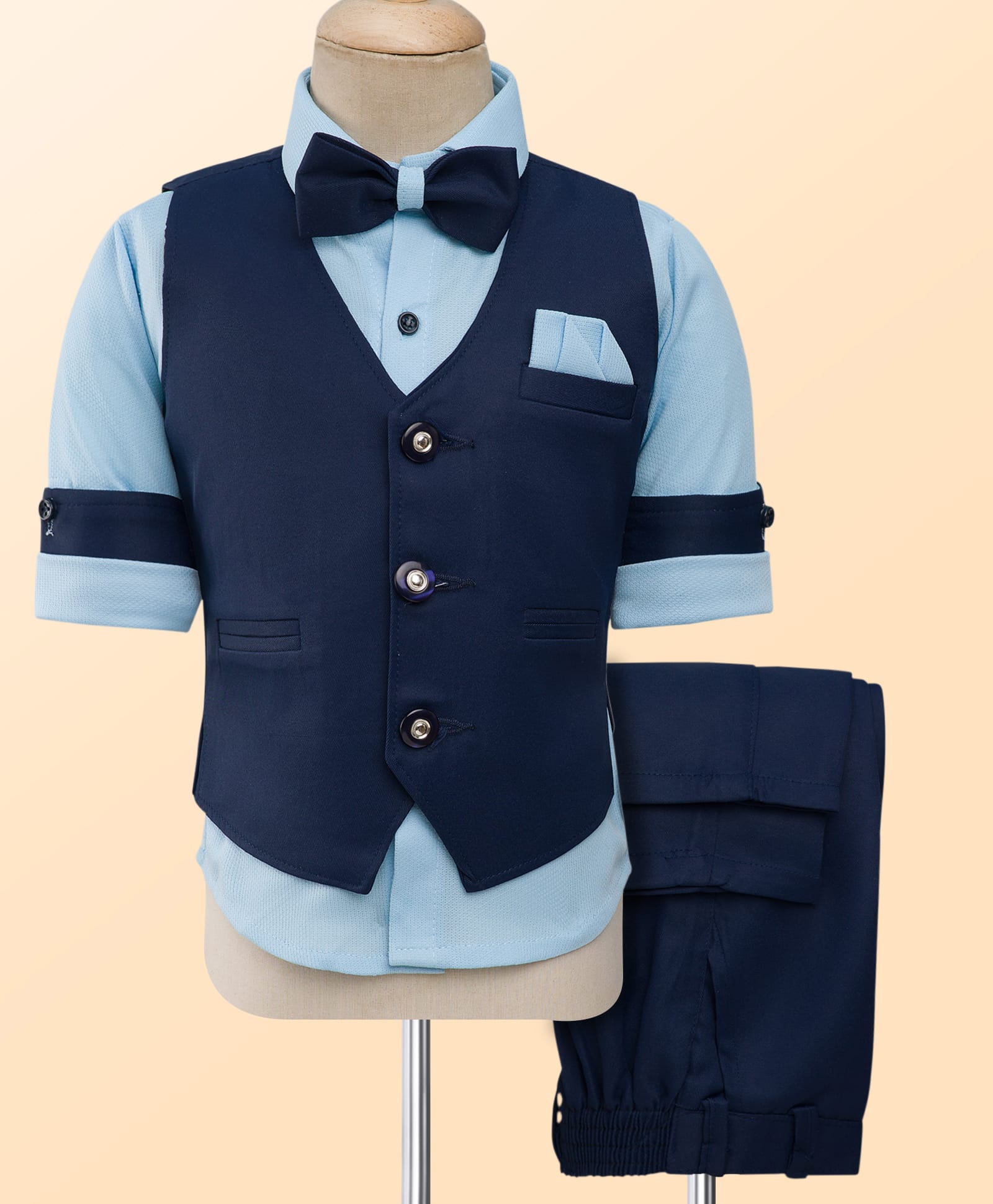 Rikidoos Full Sleeves Solid 3 Piece Party Suit Set With Bow - Navy Blue & Light Blue-image-5
