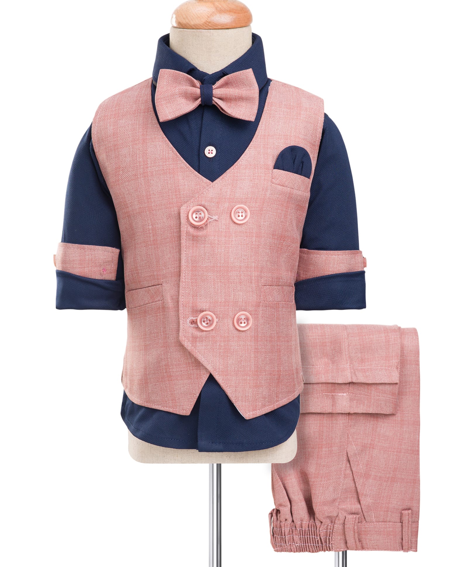 Rikidoos Full Sleeves Checked 3 Piece Suit Set With Bow - Peach & Navy Blue-image-21