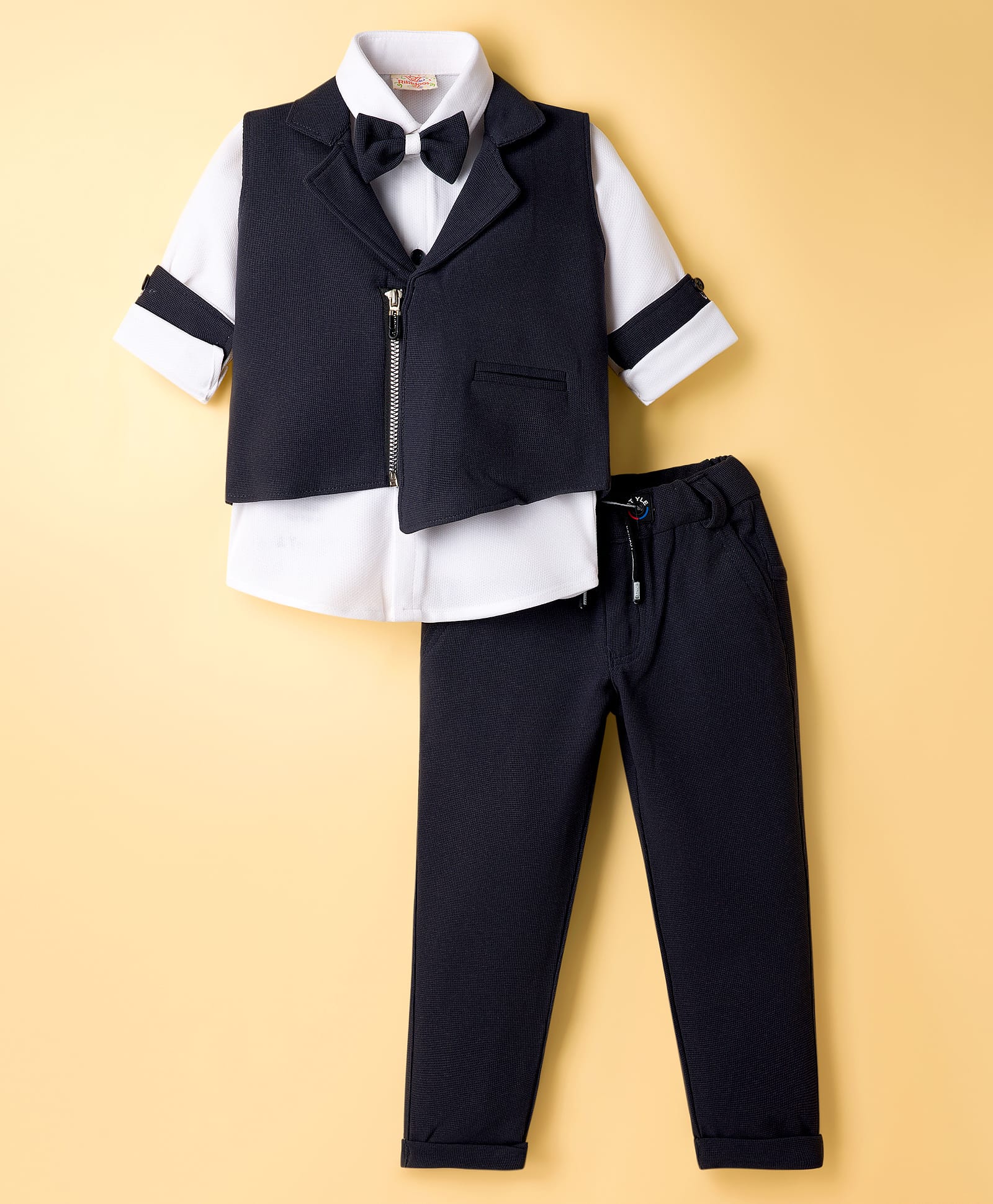 Rikidoos Full Sleeves Solid 3 Piece Suit Set With Bow - Grey & White-picture-15