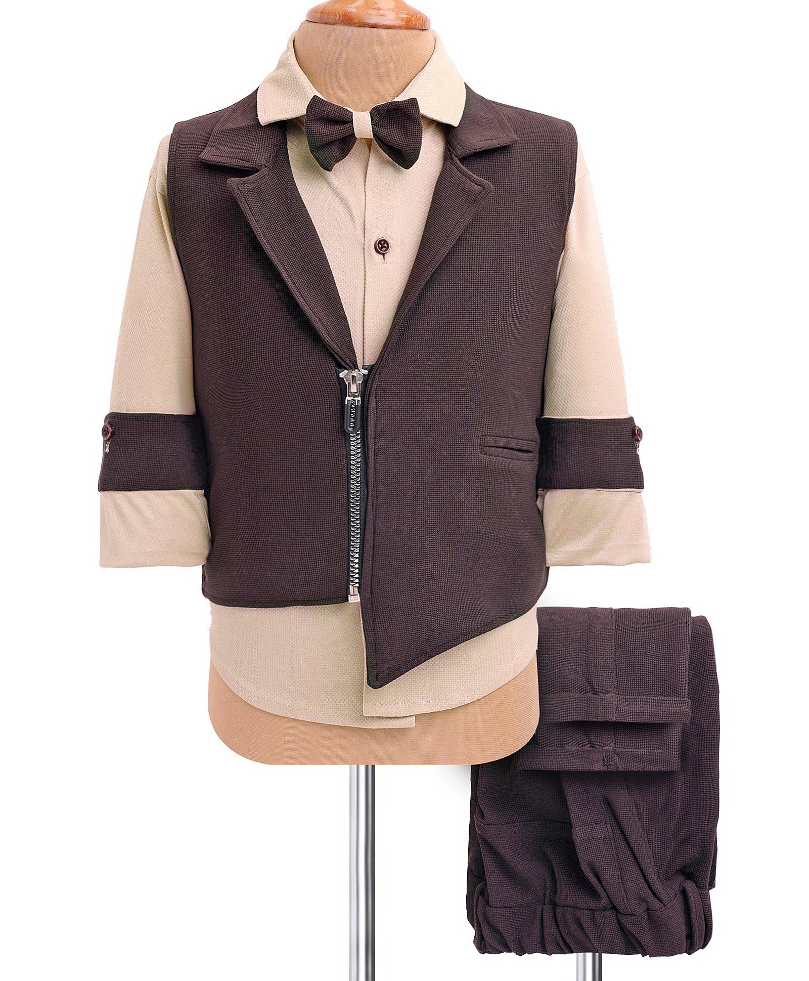 Rikidoos Full Sleeves Solid 3 Piece Suit Set With Bow - Brown & Khaki-picture-1