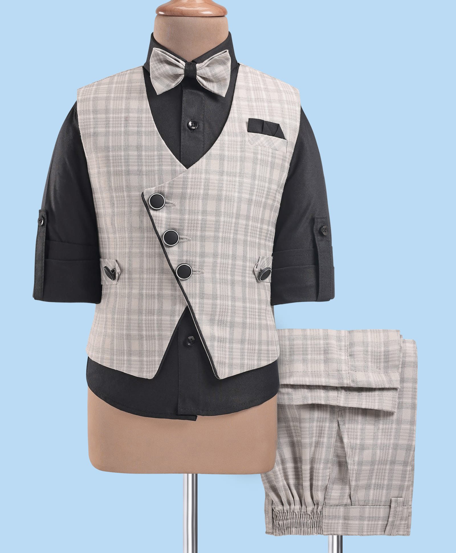 Rikidoos Full Sleeves Checked 3 Piece Suit Set With Bow - Grey & Black-picture-17