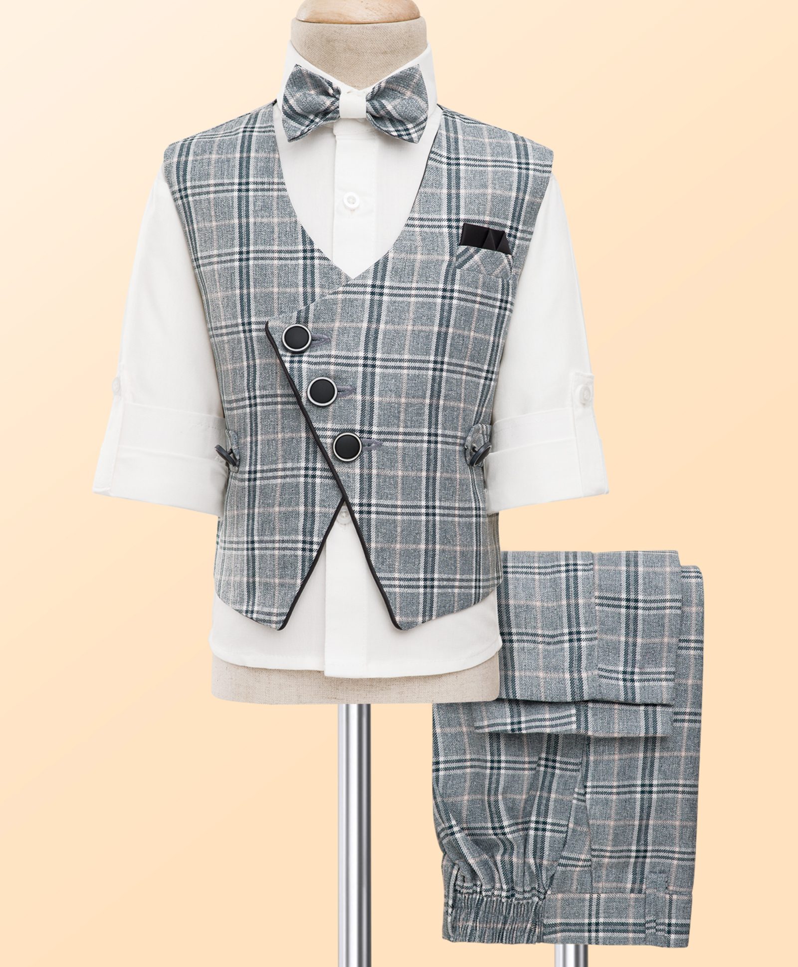 Rikidoos Full Sleeves Checked 3 Piece Party Suit Set With Bow - Grey & White-picture-6