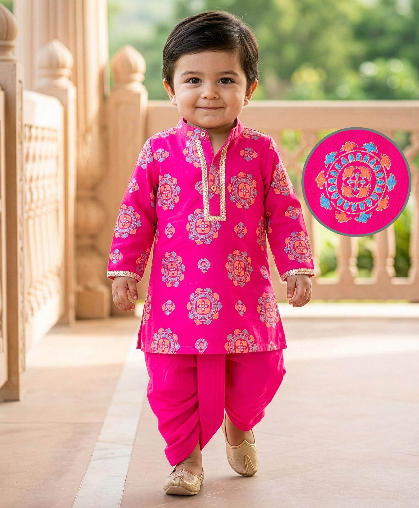 EARTHY TOUCH Single Jersey Knit Full Sleeves Kurta Dhoti Set With Floral Print & Sequin Detailing - Pink-image-33