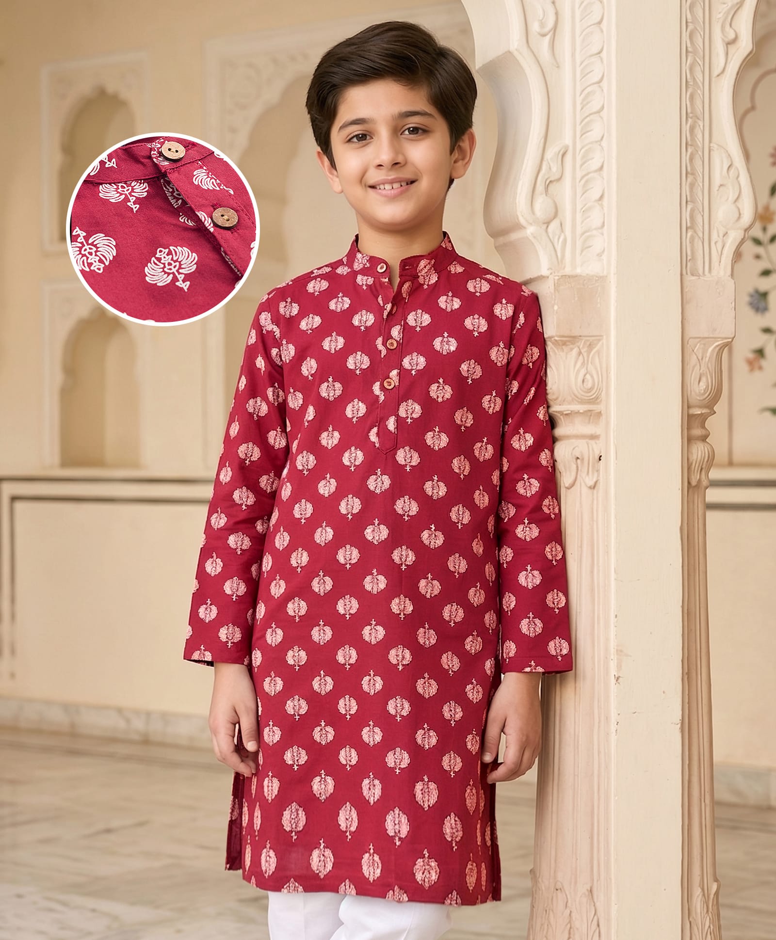 Pine Kids Cotton Woven Full Sleeves Kurta with Floral Print - Red-picture-13