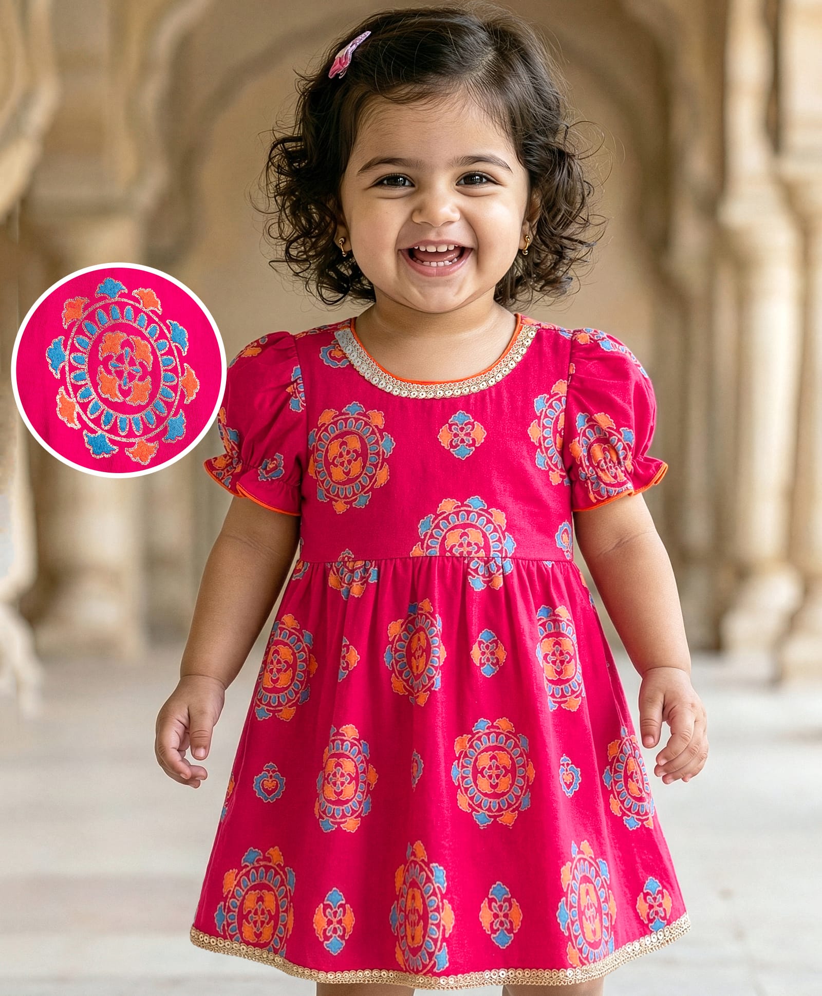 EARTHY TOUCH Single Jersey Knit Half Sleeves Ethnic Dress With Foil Floral Print - Dark Pink-image-42