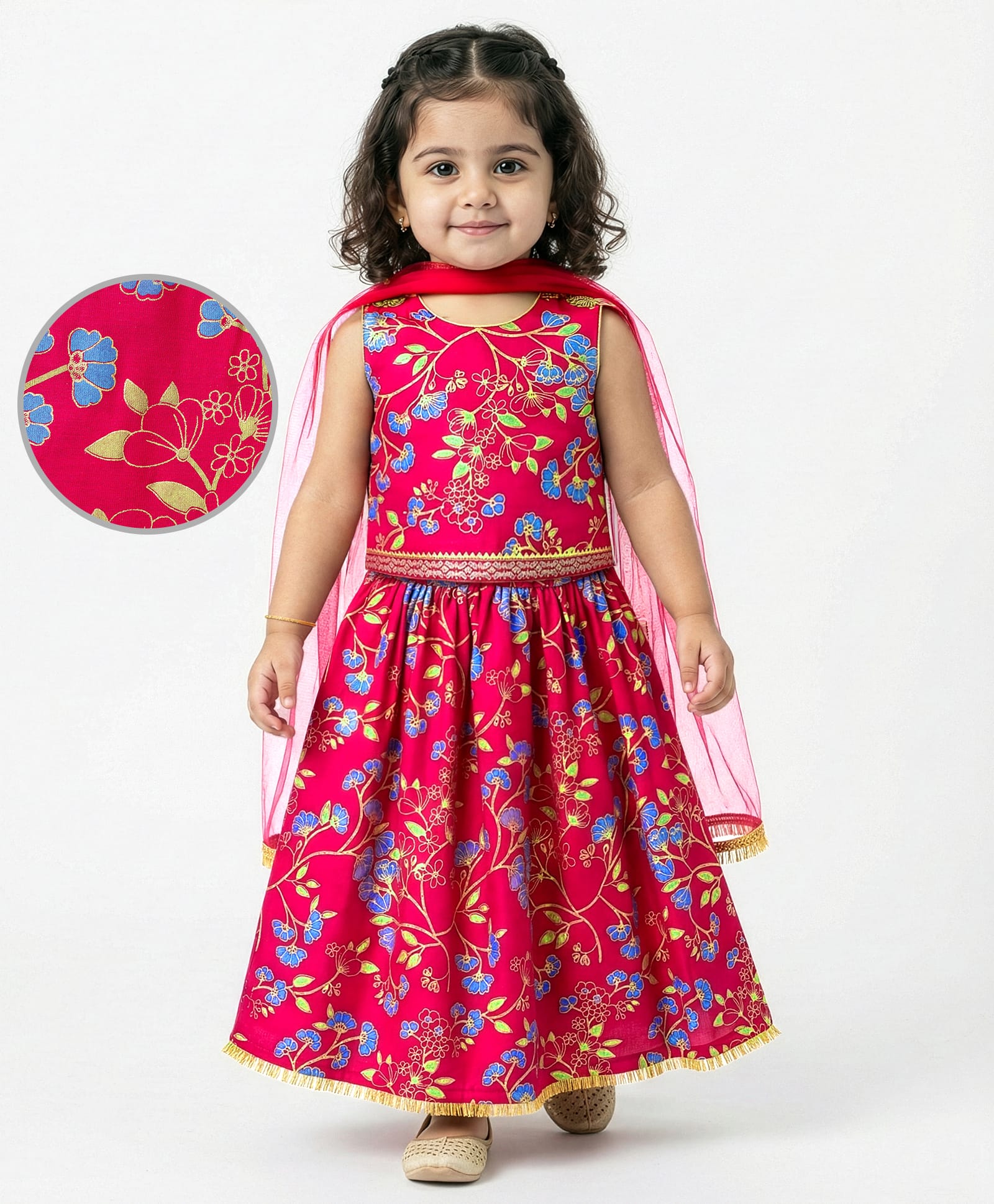 EARTHY TOUCH Single Jersey Knit Sleeveless Lehenga Choli Set WIth Floral Print & Dupatta - Dark Pink-image-48
