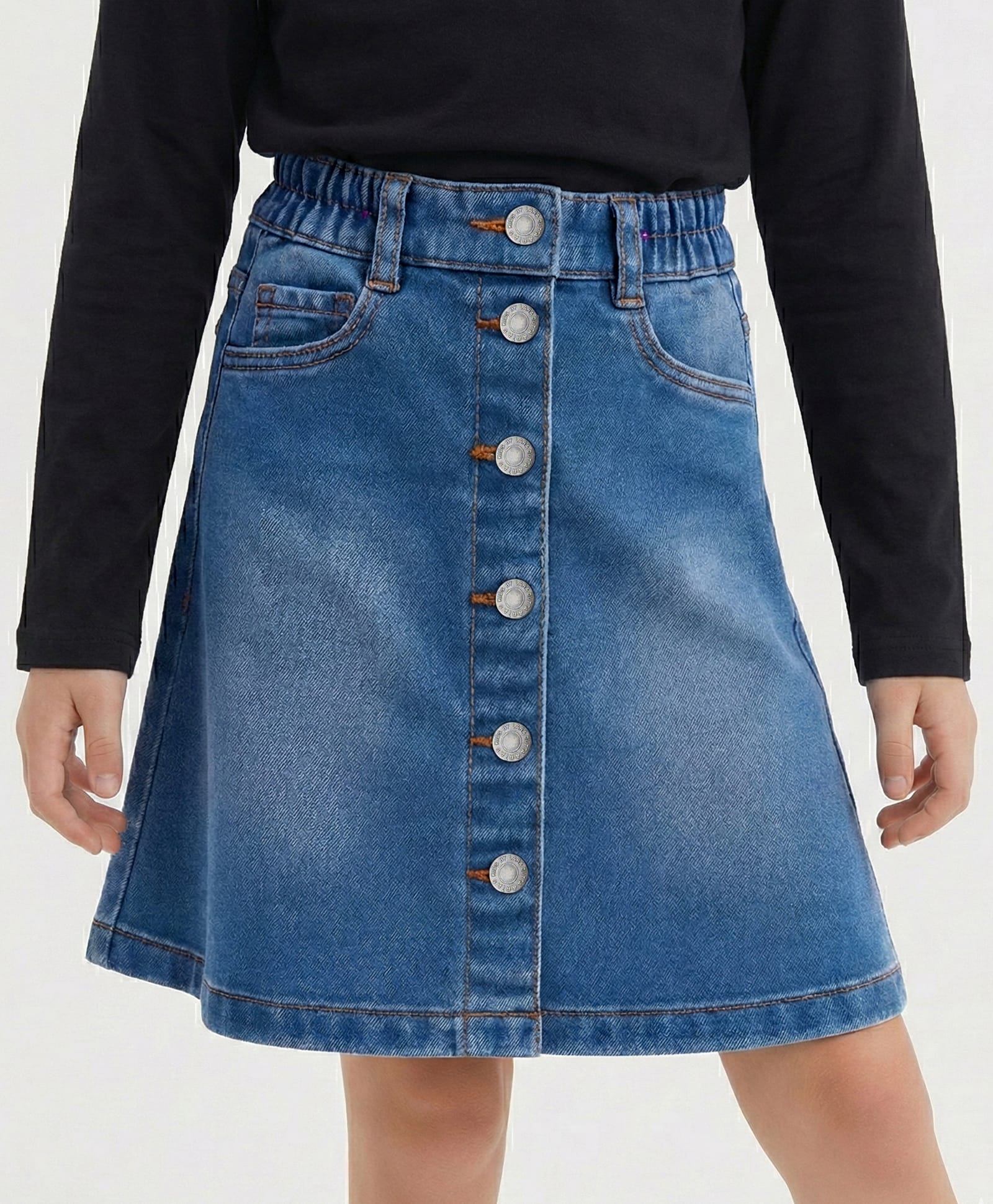 arias by lara dutta Arias Cotton Woven Washed Skirt With Stretch & Front Button Detailing - Blue-picture-19