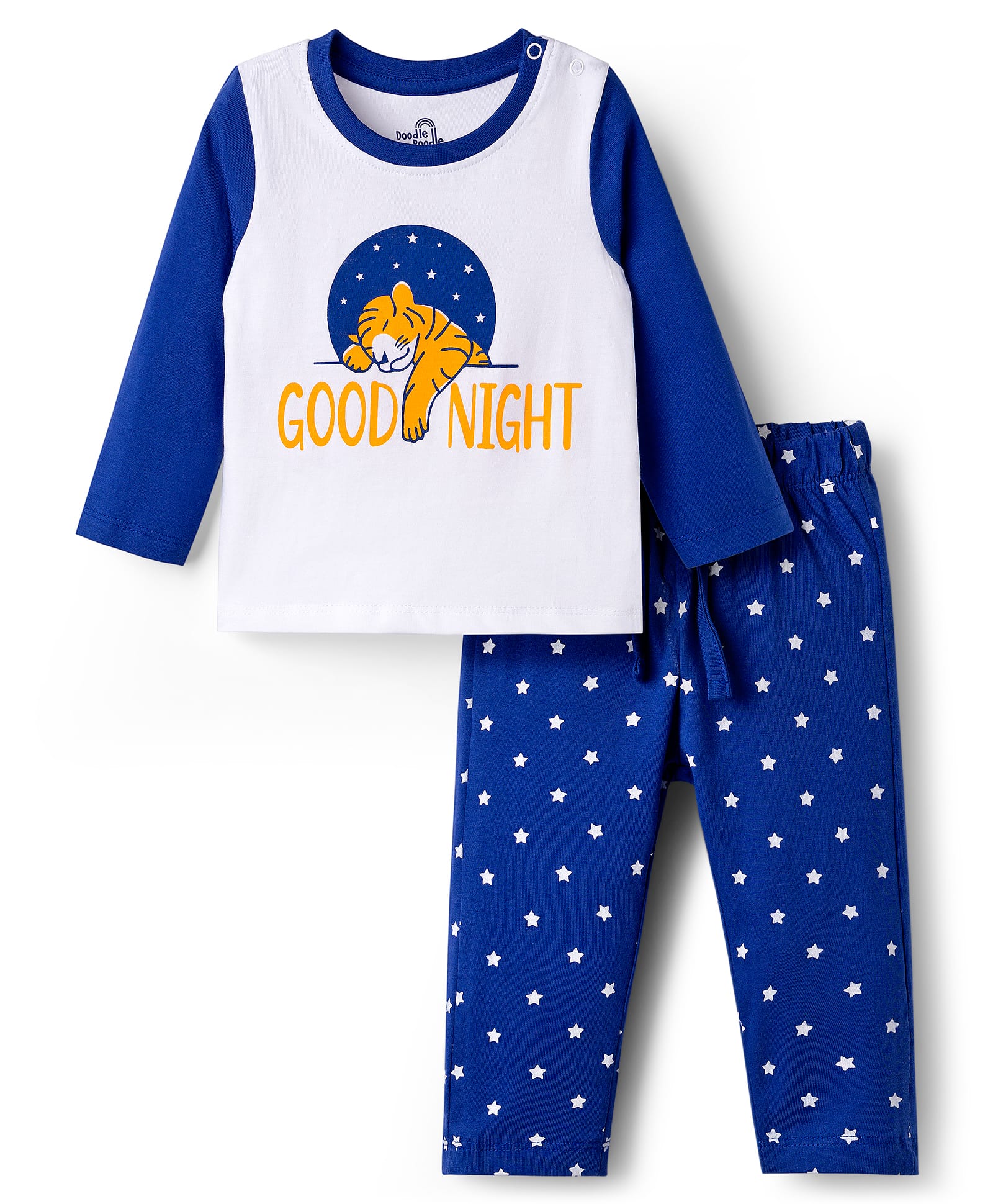 Doodle Poodle 100% Cotton Knit Full Sleeves Tiger & Star Printed T-Shirt & Pyjama Night Suit - White & Navy Blue-picture-29