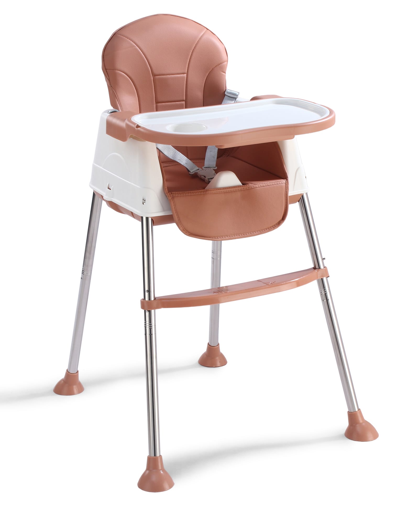 3-in-1 Convertible Baby High Chair - Brown| High Chair, Feeding Chair & Booster Chair| Adjustable Double Food Tray| Removable PU Leather Seat| Safety Harness| Removable Footrest