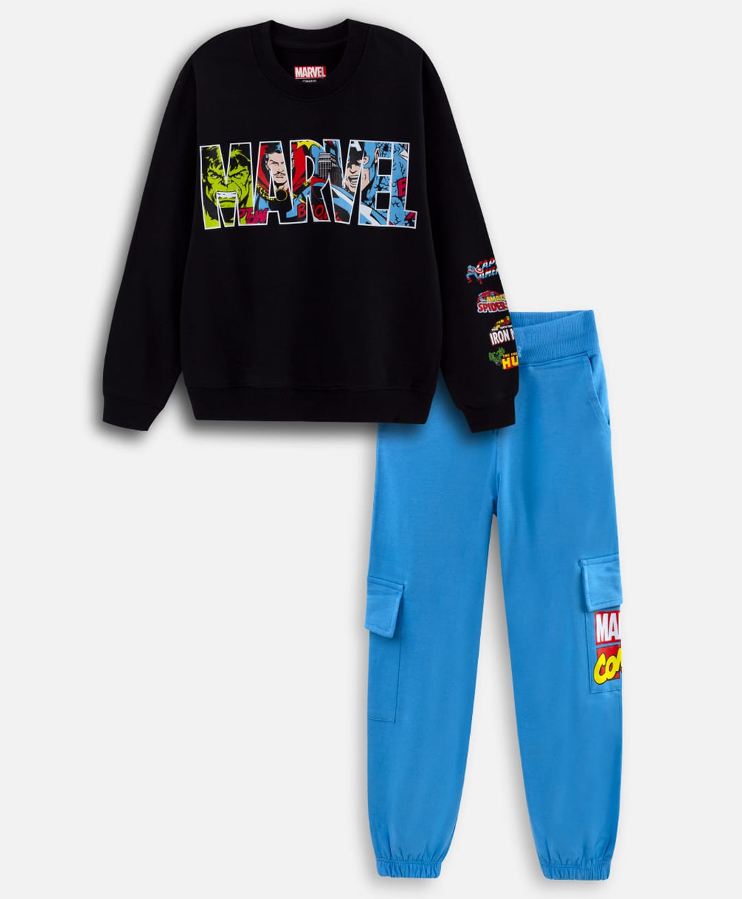 Nap Chief Cotton Knit Full Sleeves Marvel Avengers Featuring Characters Printed Light Winter Sweatshirt & Cargo Joggers Set - Jet Black-picture-25