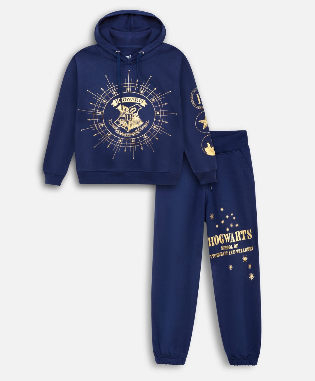 Nap Chief Cotton Knit Harry Potter Full Sleeves Hogwarts Shield Printed Light Winter Hoodie & Joggers Set - Dark Navy-image-27