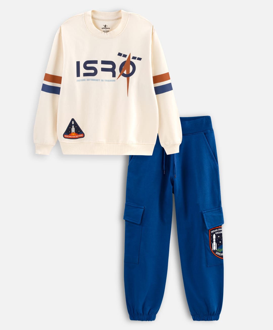 Nap Chief Cotton Knit Full Sleeves Isro Text Printed Light Winter Sweatshirt & Cargo Joggers Set - Off White-image-19