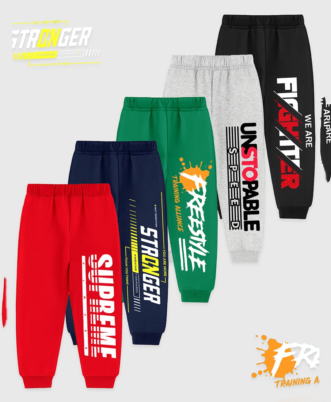 KUCHIPOO Cotton Knit Pack Of 5 Supreme & Stronger Text Printed Trackpants - Red Green Grey Black & Navy Blue-picture-31