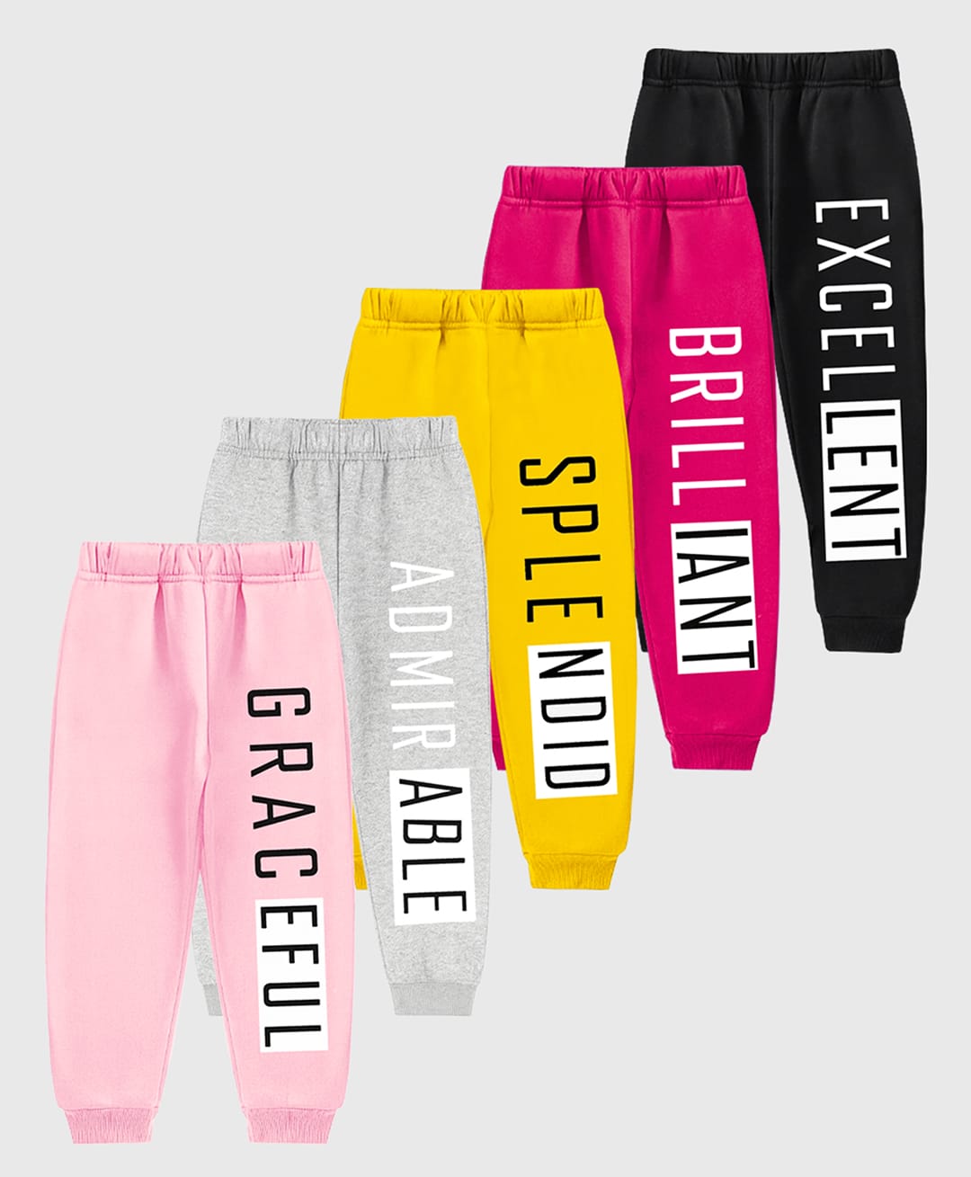 KUCHIPOO Cotton Knit Pack Of 5 Graceful & Admirable Text Printed Trackpants - Pink Grey Yellow Dark Pink & Black-picture-17