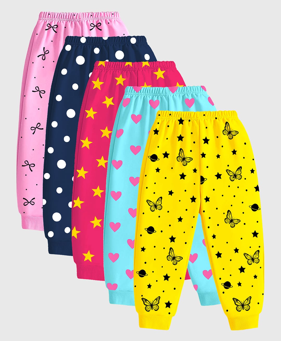 KUCHIPOO Cotton Knit Pack Of 5 Hearts Stars Polka Dots Bows Printed Pyjamas - Pink Blue Yellow Navy Blue & Dark Pink-picture-22