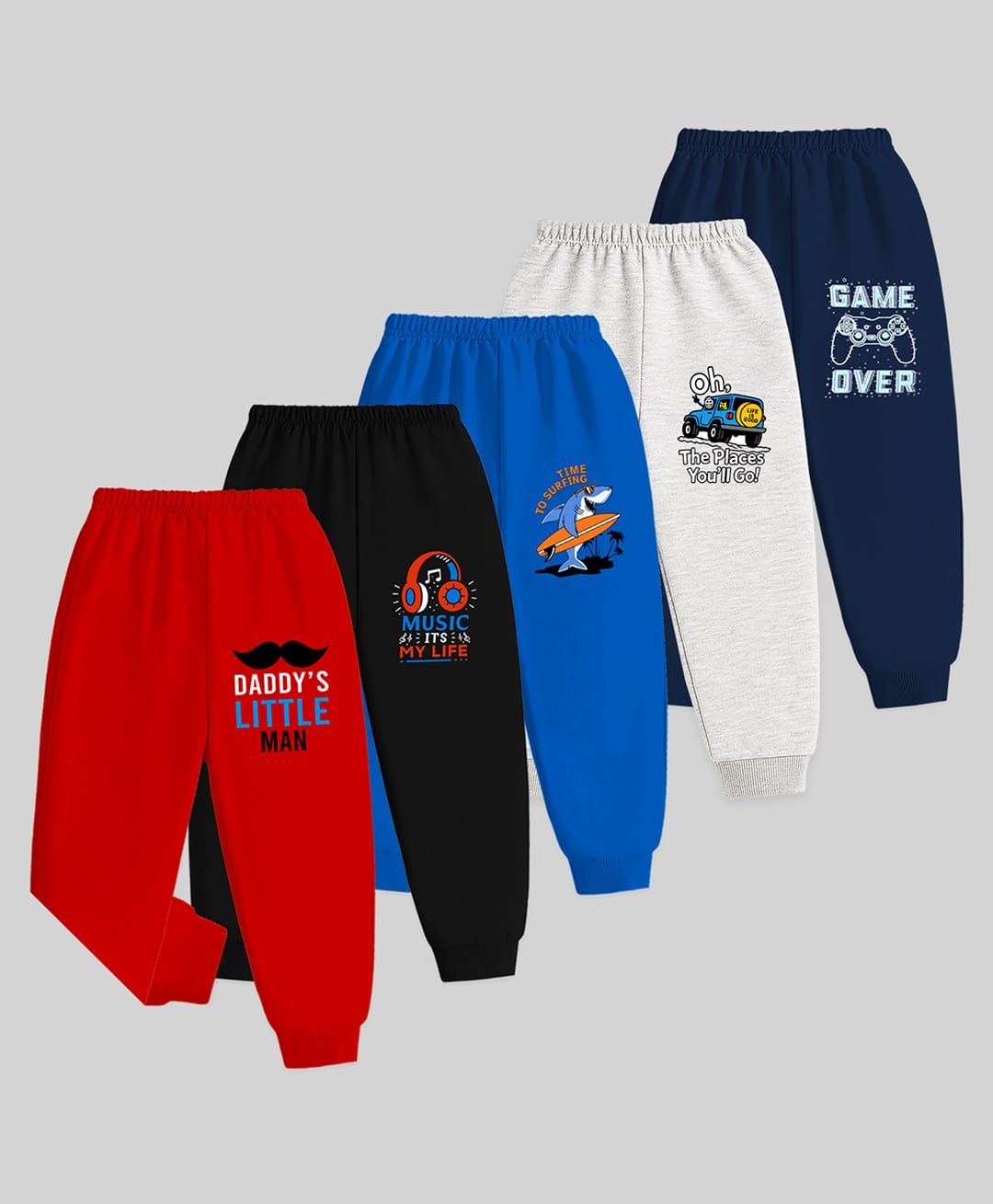 KUCHIPOO Cotton Knit Pack Of 5 Shark & Game Over Text Printed Pyjamas - Red Black Blue White & Navy Blue-image-9