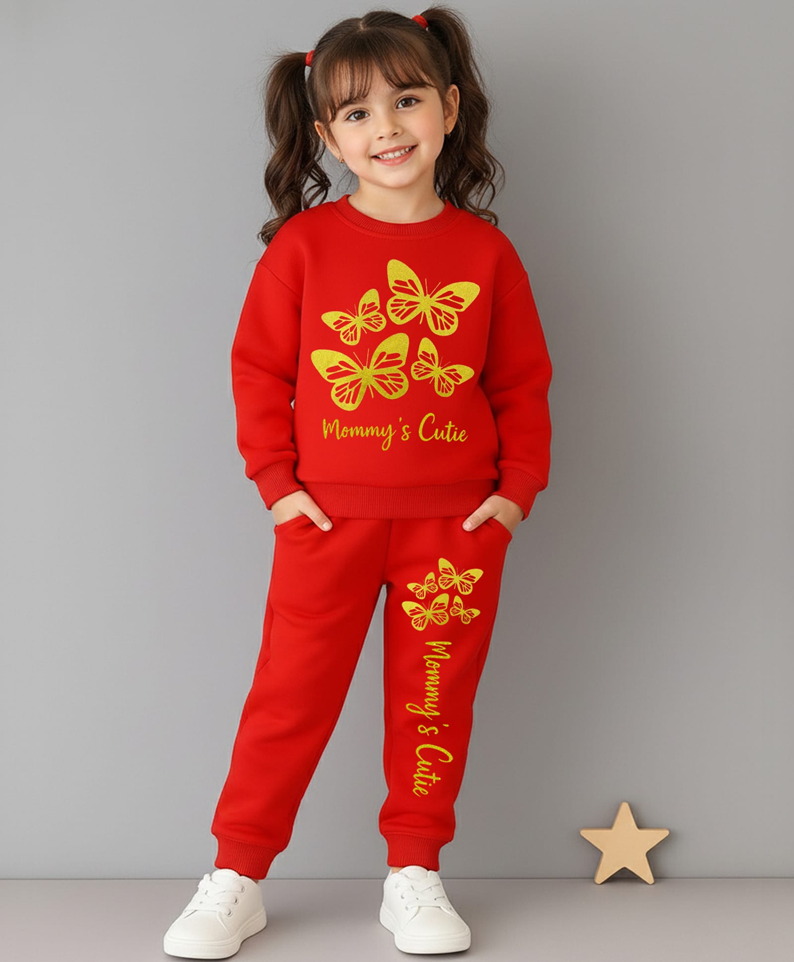 KUCHIPOO Fleece Knit Full Sleeves Mommys Cutie Text & Butterfly Printed Winter Sweatshirt & Joggers Set - Red-picture-29