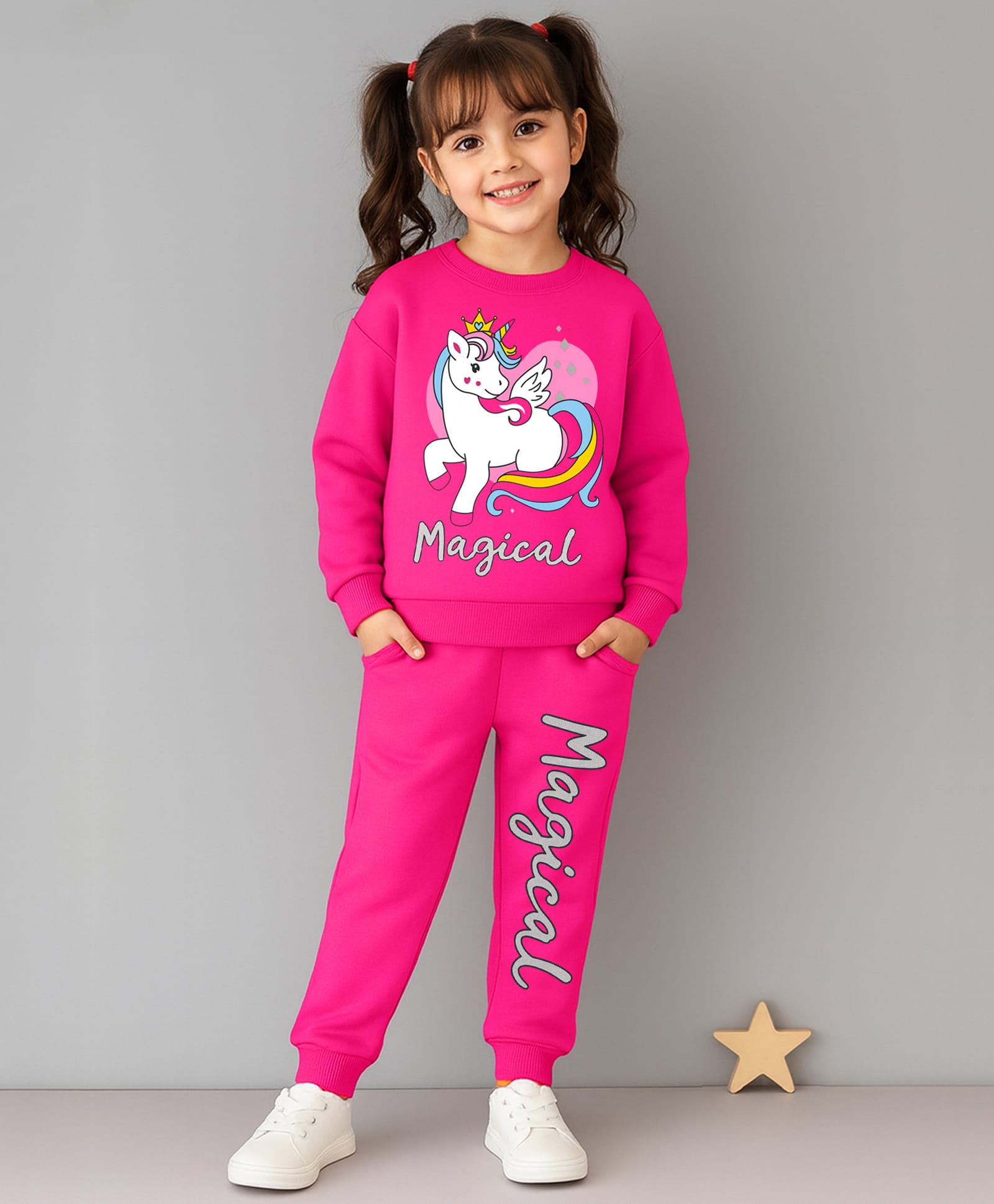 KUCHIPOO Fleece Knit Full Sleeves Magical Text & Unicorn Printed Winter Sweatshirt & Joggers Set - Pink