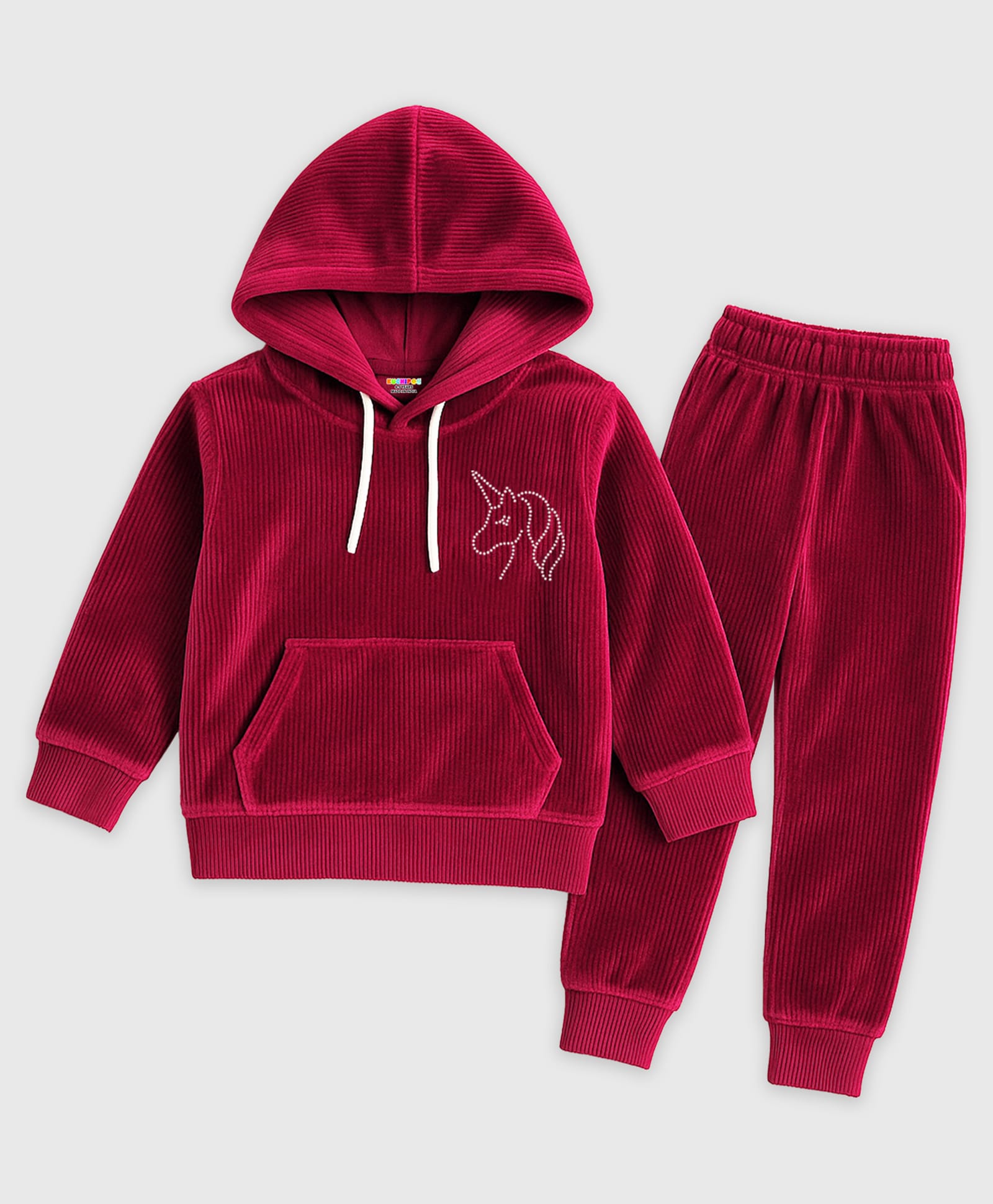 KUCHIPOO Velvet Knit Full Sleeves Unicorn Printed Winter Hoodies & Joggers Set - Maroon-image-32