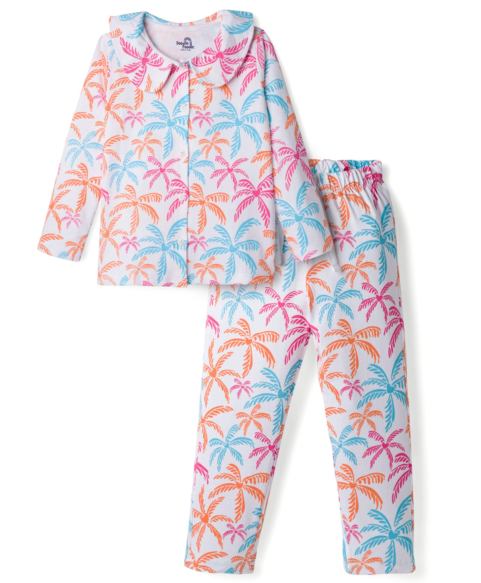 Doodle Poodle 100% Cotton Knit Full Sleeves Co-ords Night Suit with Coconut Tree Print - White-image-19