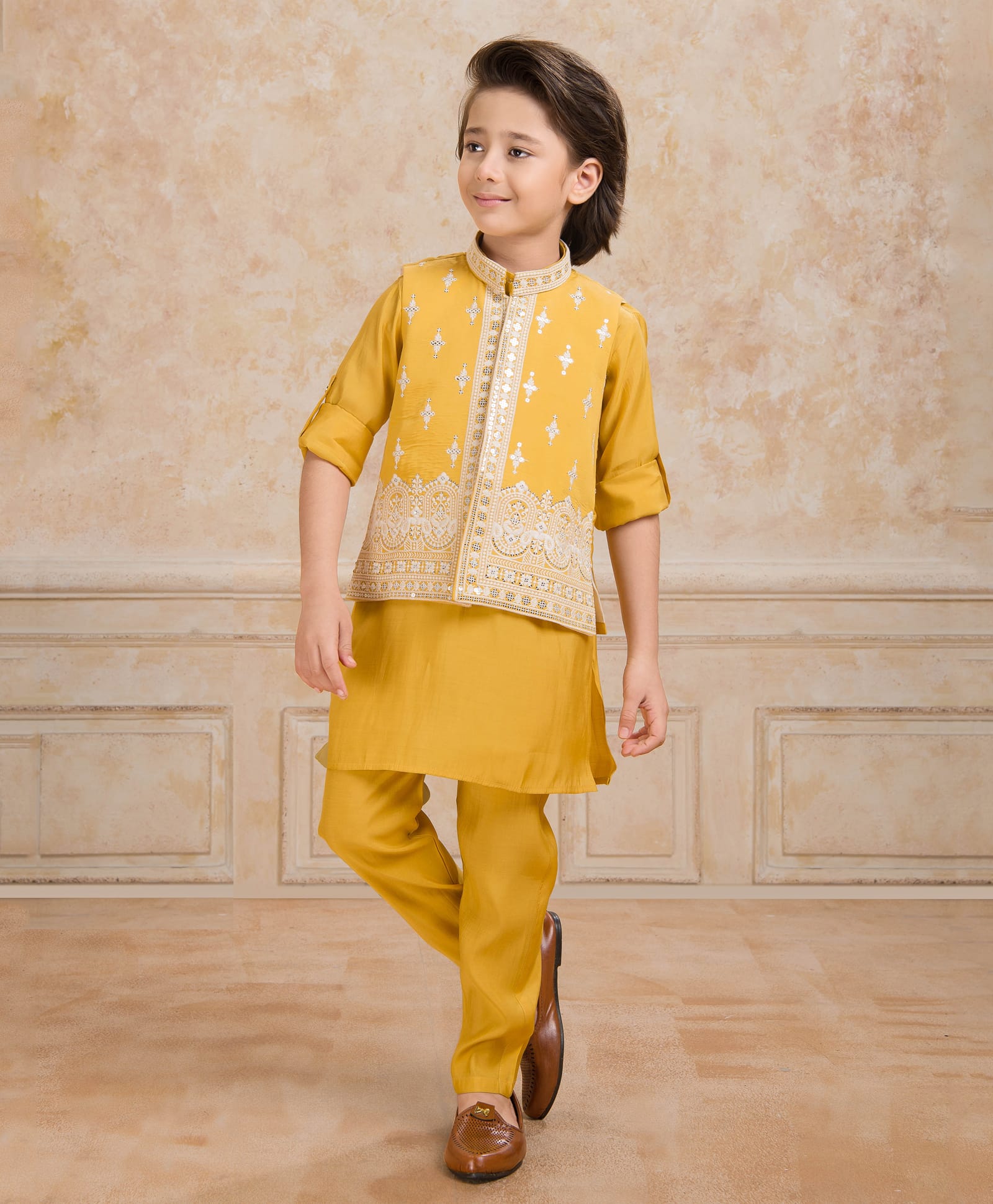 Ministitch Cotton Silk Woven Full Sleeves Solid Kurta Pyjama With Abstract Embroidered & Sequins Embellished Nehru Jacket Set - Yellow-image-36