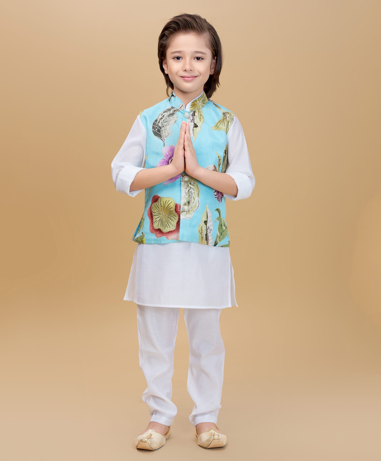 Ministitch Cotton Silk Woven Full Sleeves Solid Kurta Pyjama With Floral Printed Nehru Jacket Set - Sky Blue-picture-36